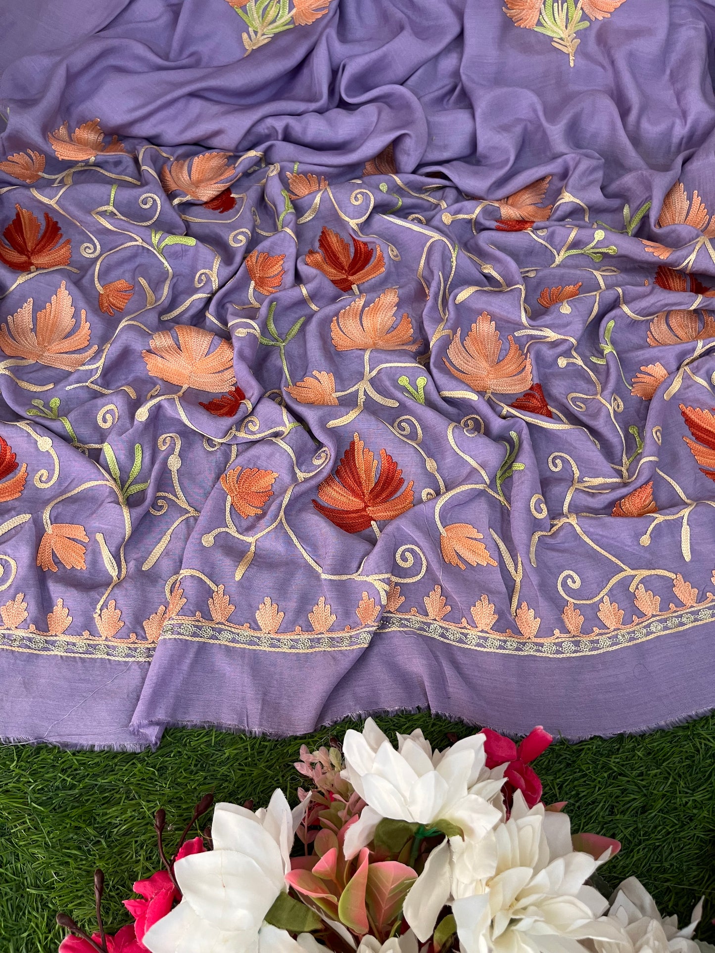 Lavender Muslin Cotton Jaal Sleeves Kashmiri 3pc Suit