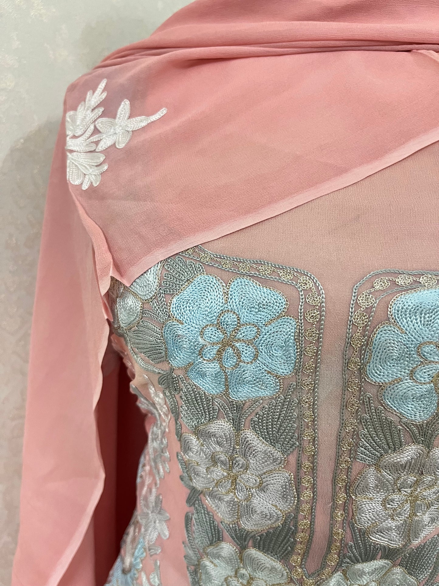 Soft Pink Pure Georgette 3 Pc Aari Embroidered Suit