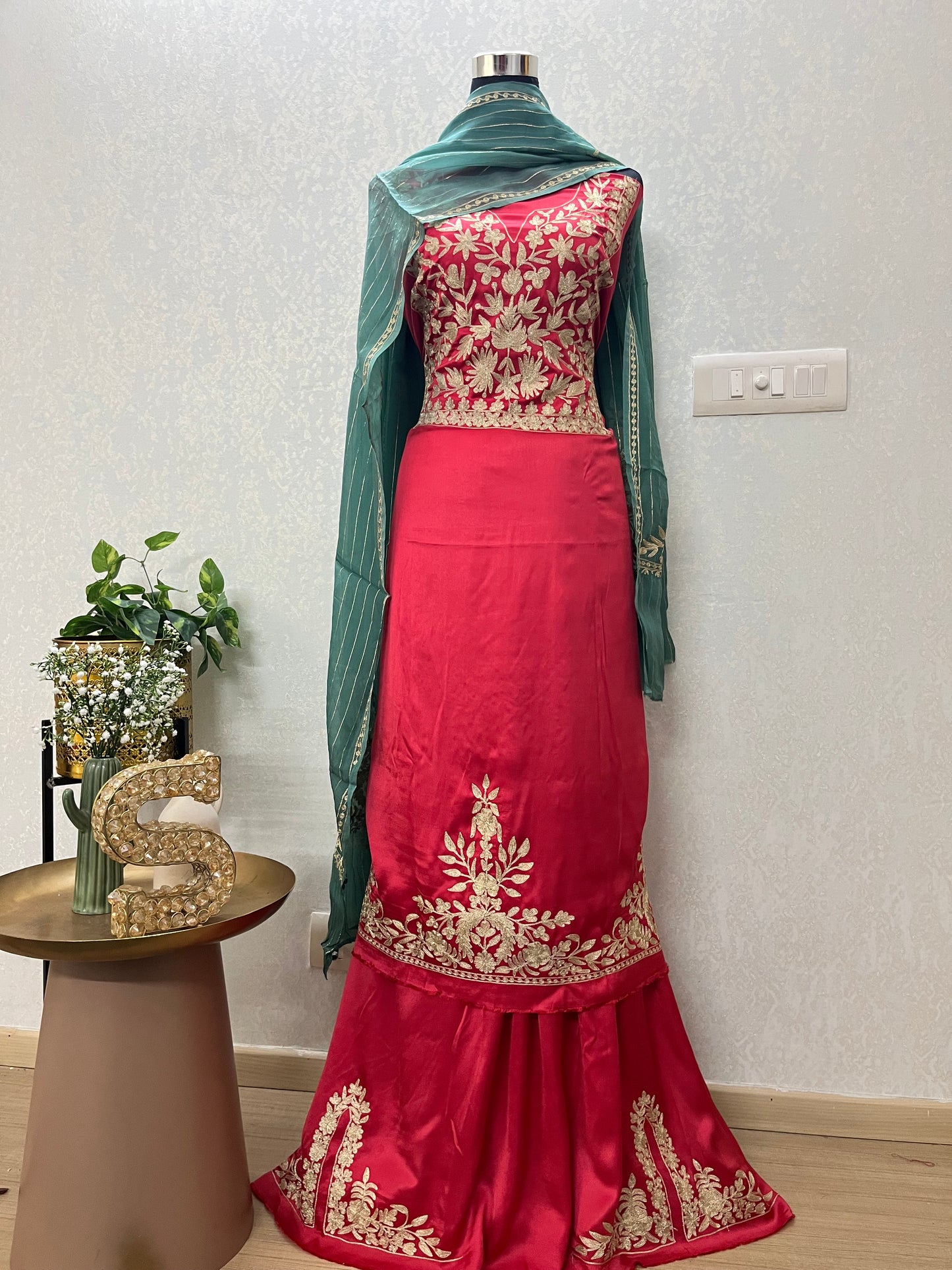 Red Satin Cotton Kashmiri Suit