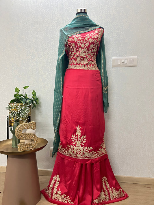 Red Satin Cotton Kashmiri Suit