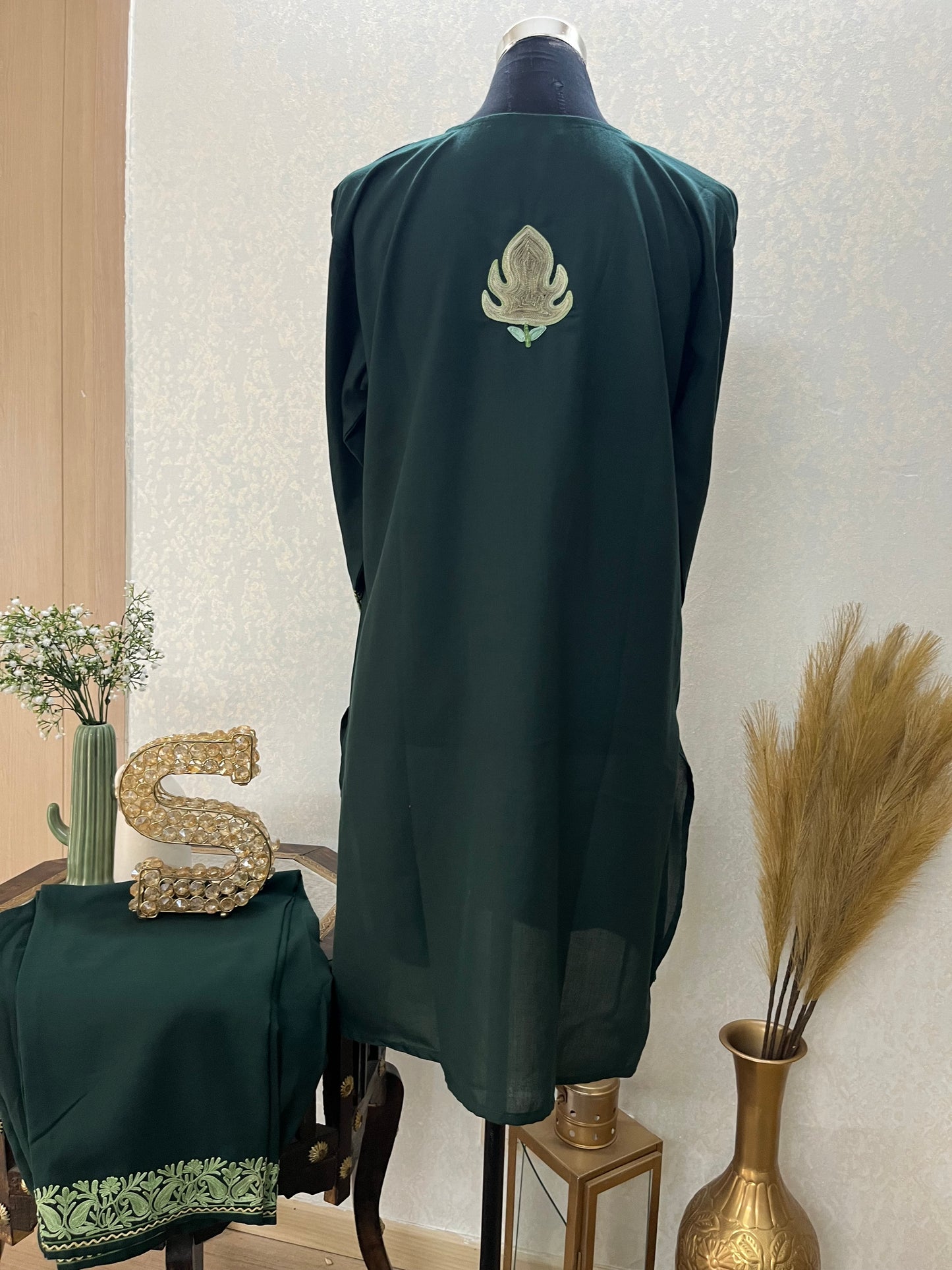 Bottle Green Cotton Embroidered Co-ord Set