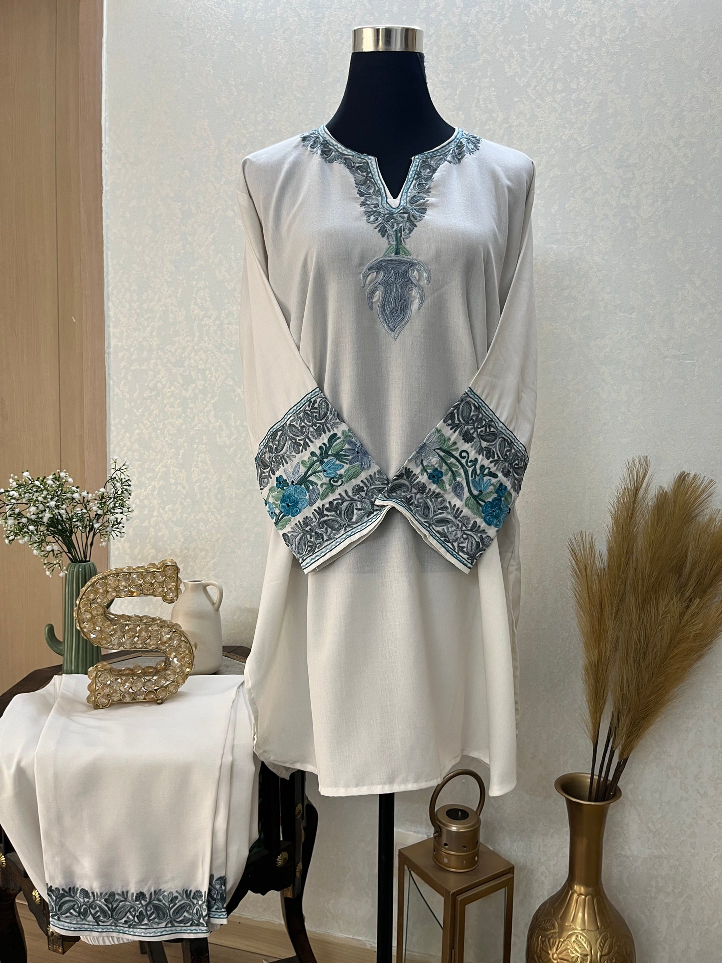 Off White Cotton Embroidered Co-ord Set