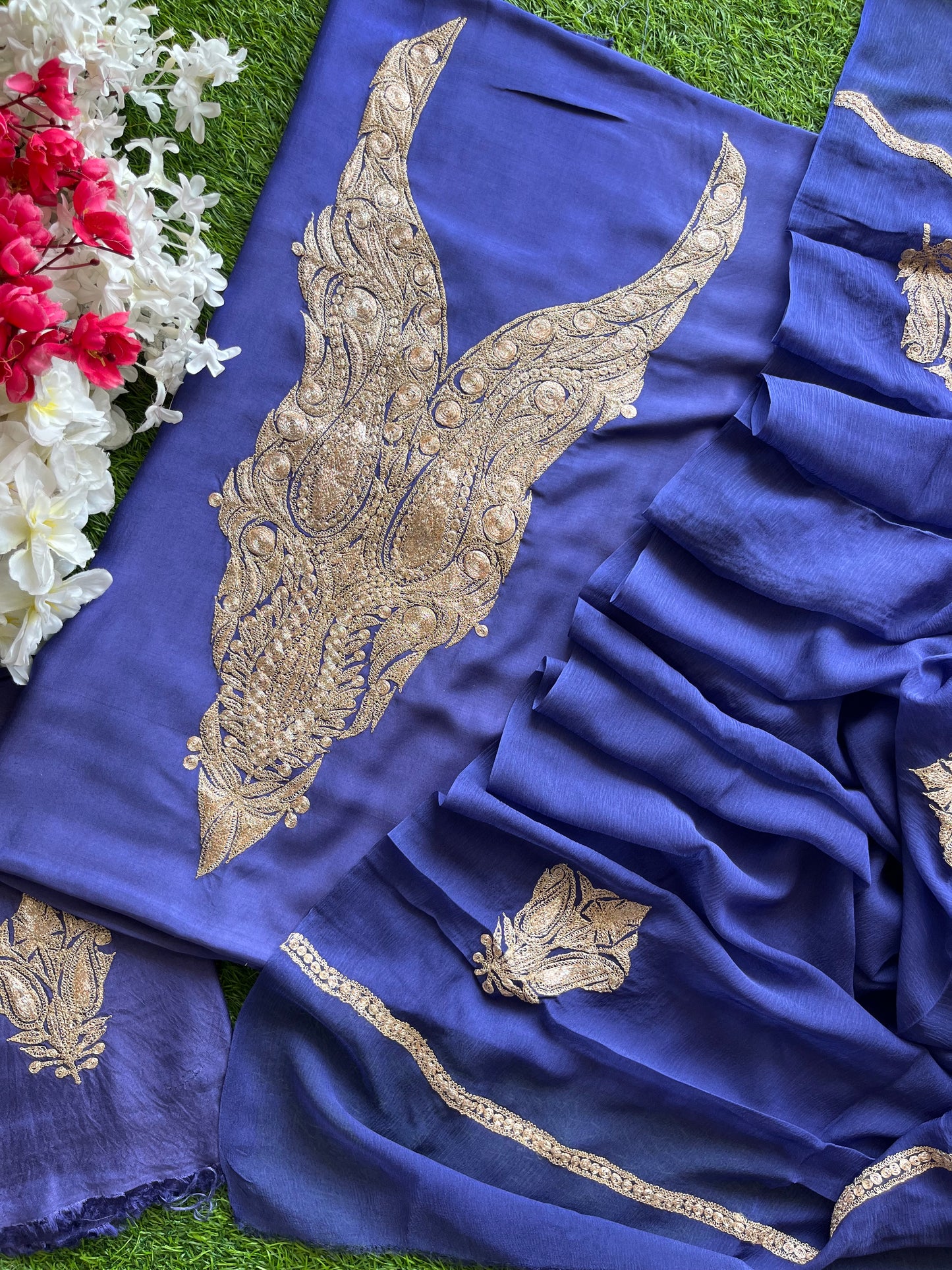 ‘Kalaa’ Blue Muslin Silk Tilla Embroidered Suit material