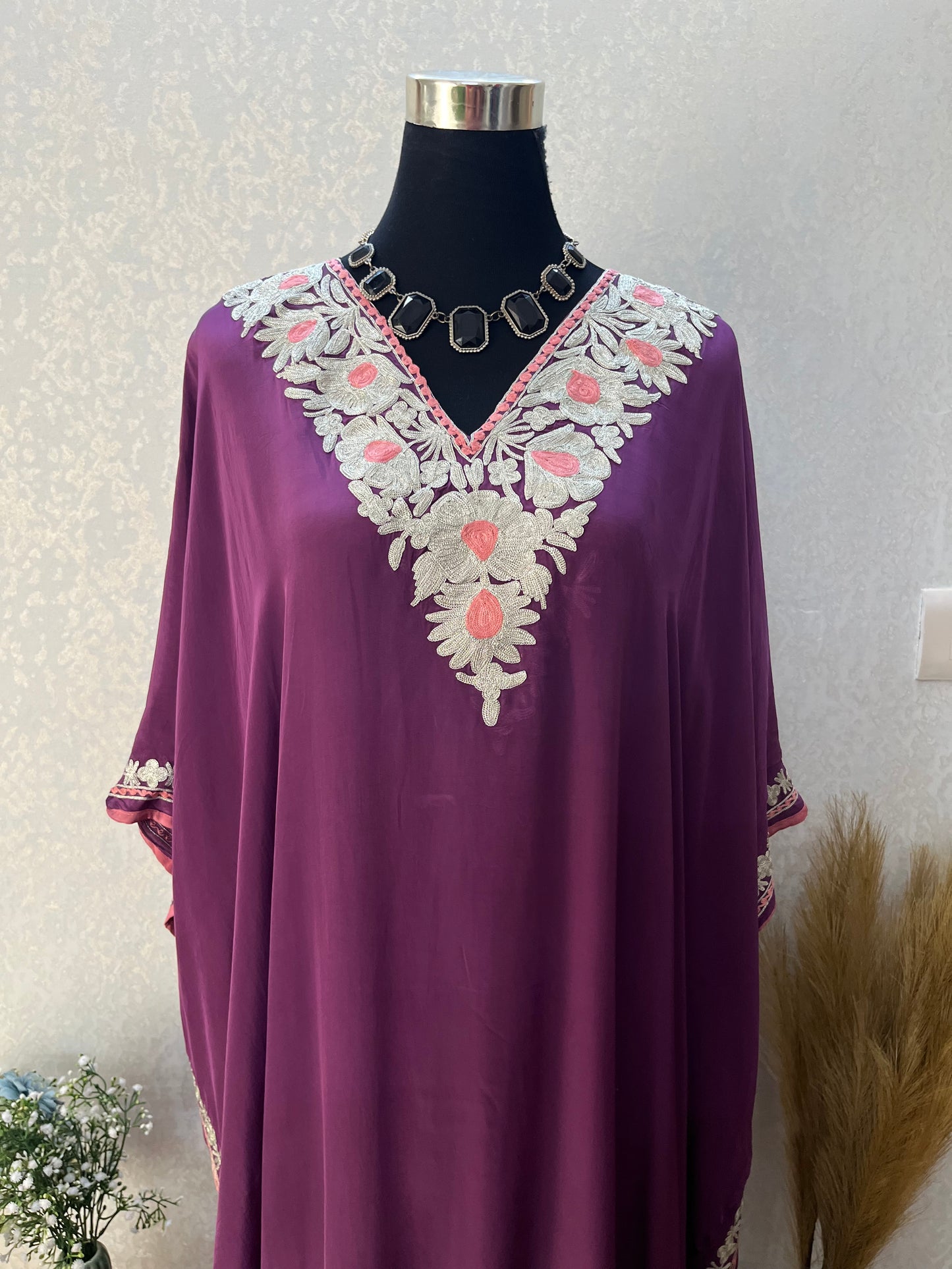 Wine Crape Kashmiri Kaftan Set size
