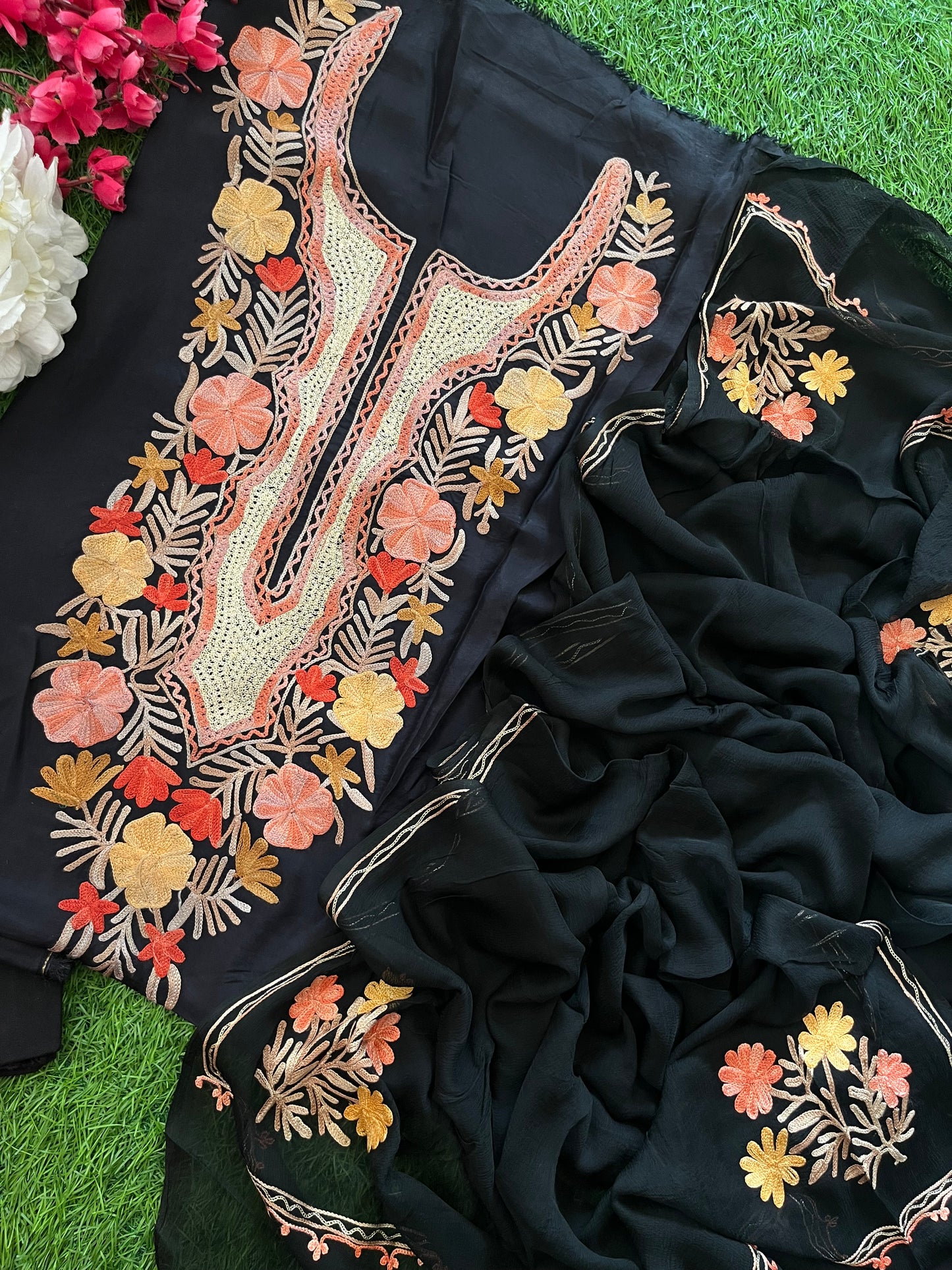 Black Opada Silk Aari Embroidered Suit material