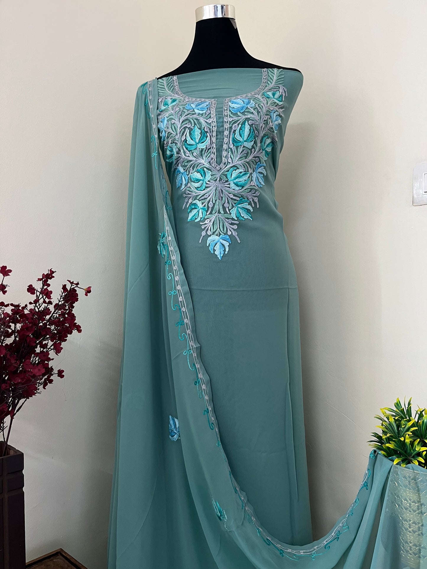 Green Georgette Shirt and Dupatta Aari Embroidered Suit