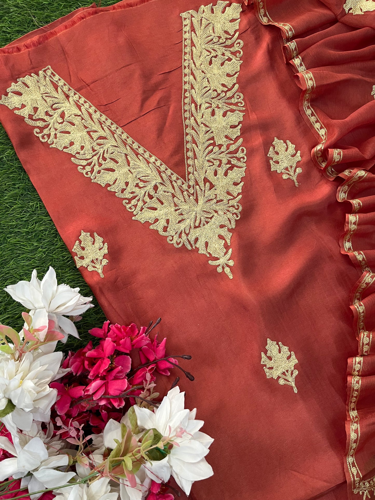 Blush Red Silk Tilla Kashmiri Suit