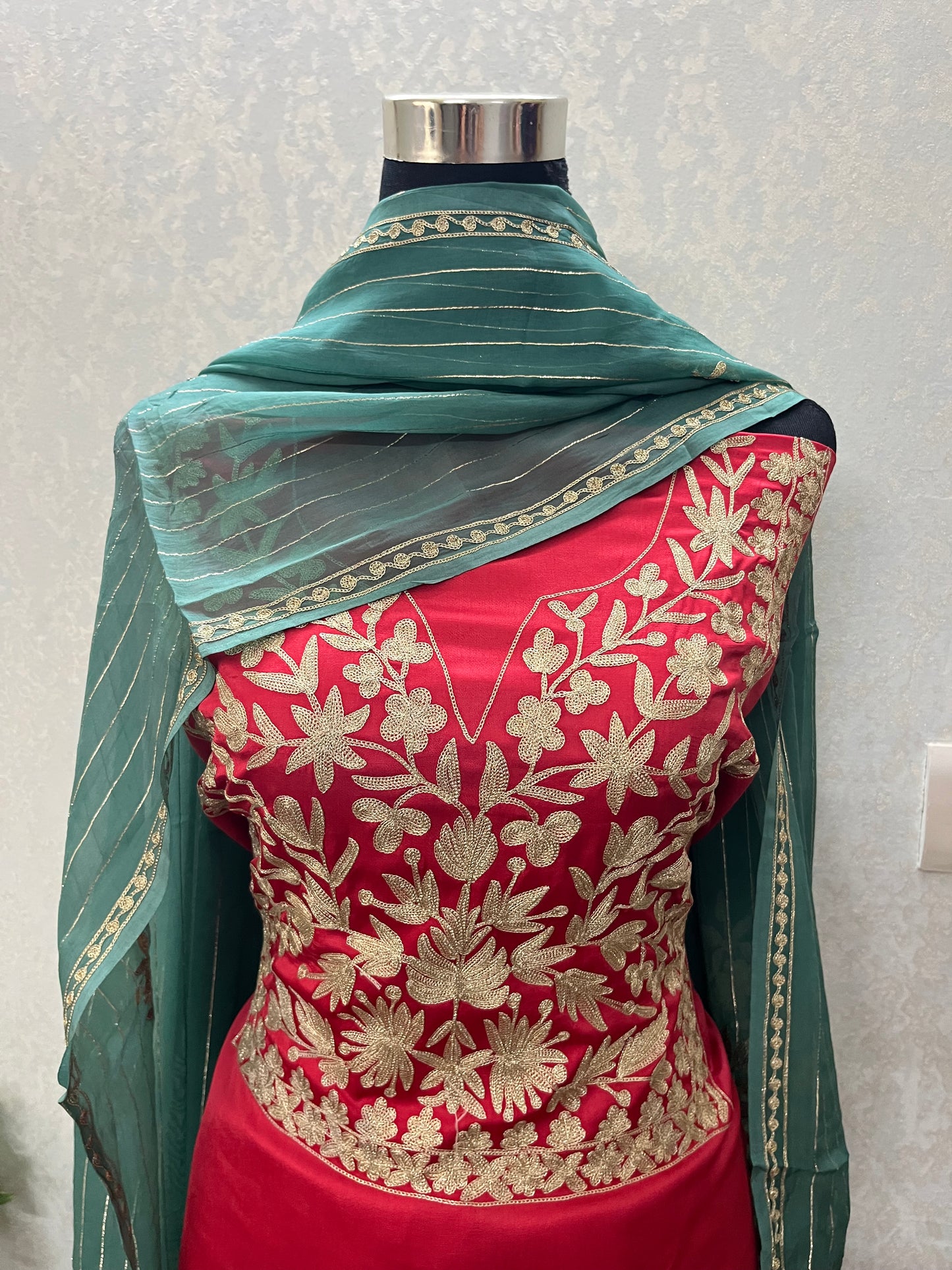 Red Satin Cotton Kashmiri Suit