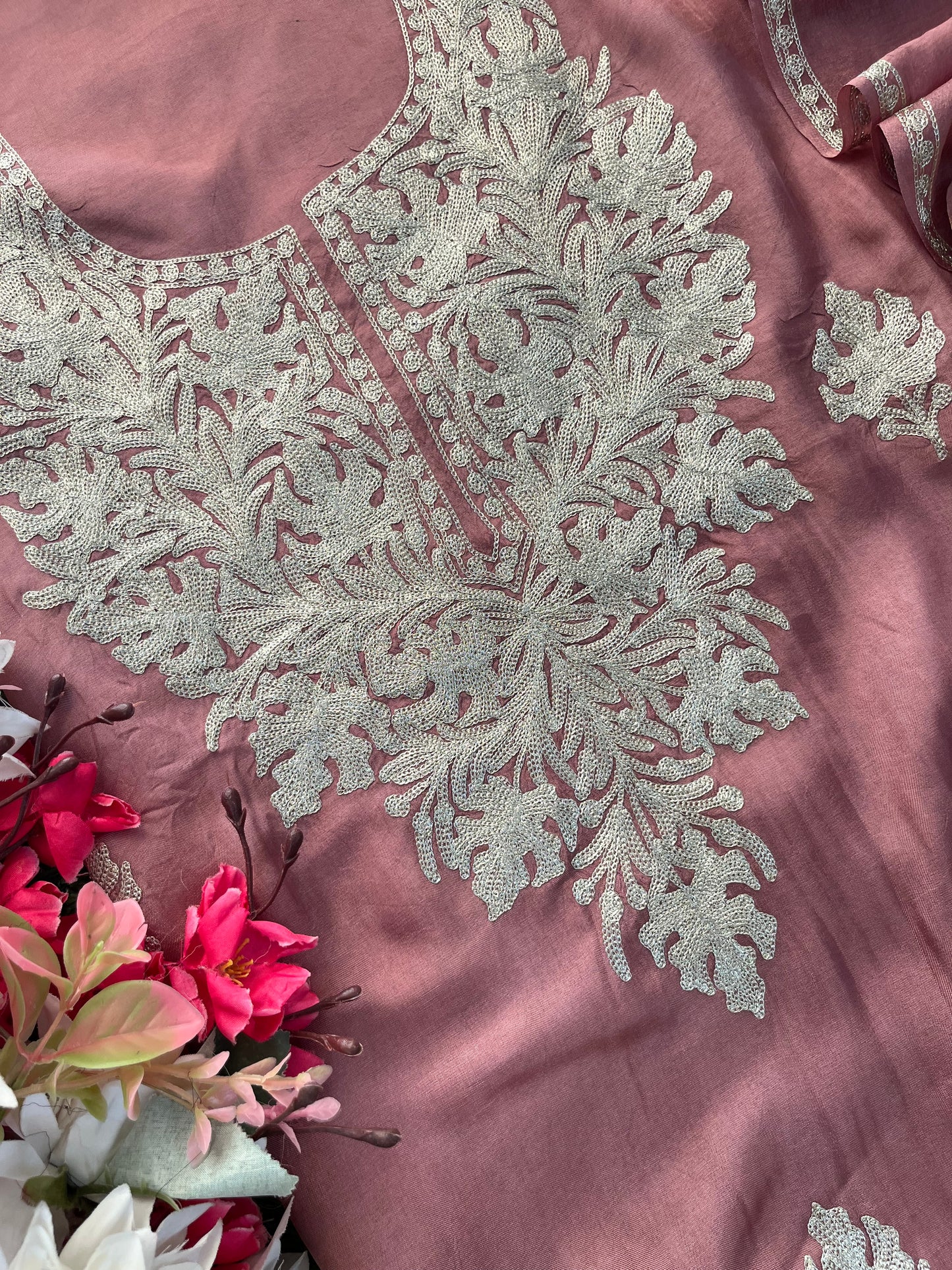 Onion Pink Silk Tilla Kashmiri Suit