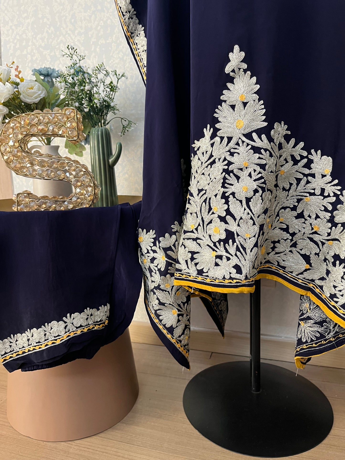 Navy Blue Crape Kashmiri Kaftan Set