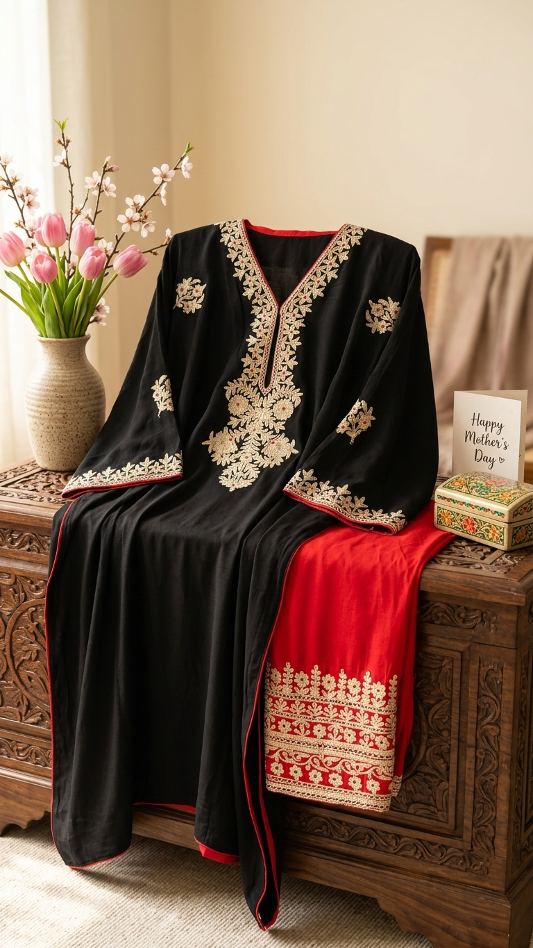 Black Crape Kashmiri Kaftan Set size (44)