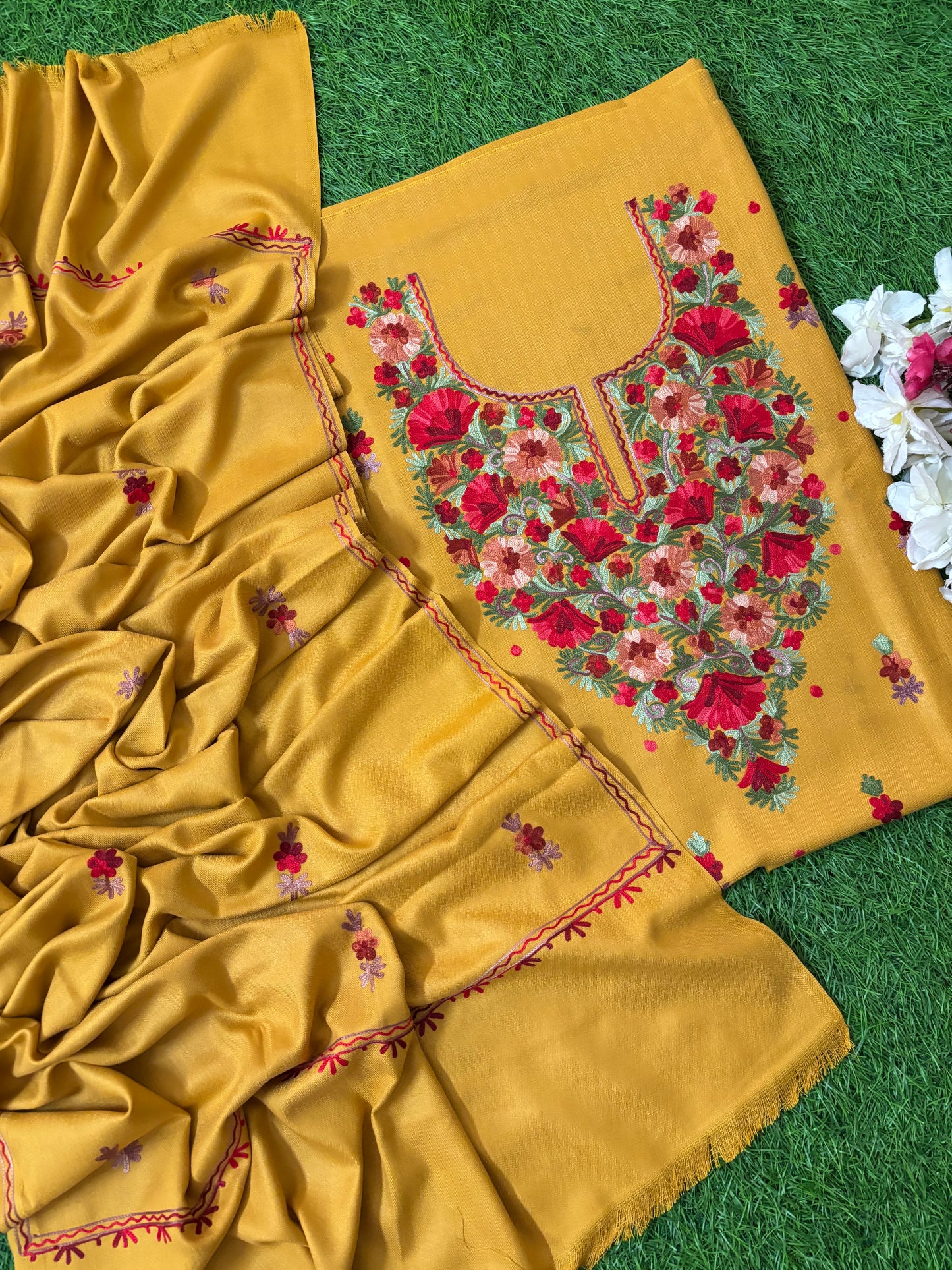 Golden Yellow Woollen Aari Embroidered 3pc suit