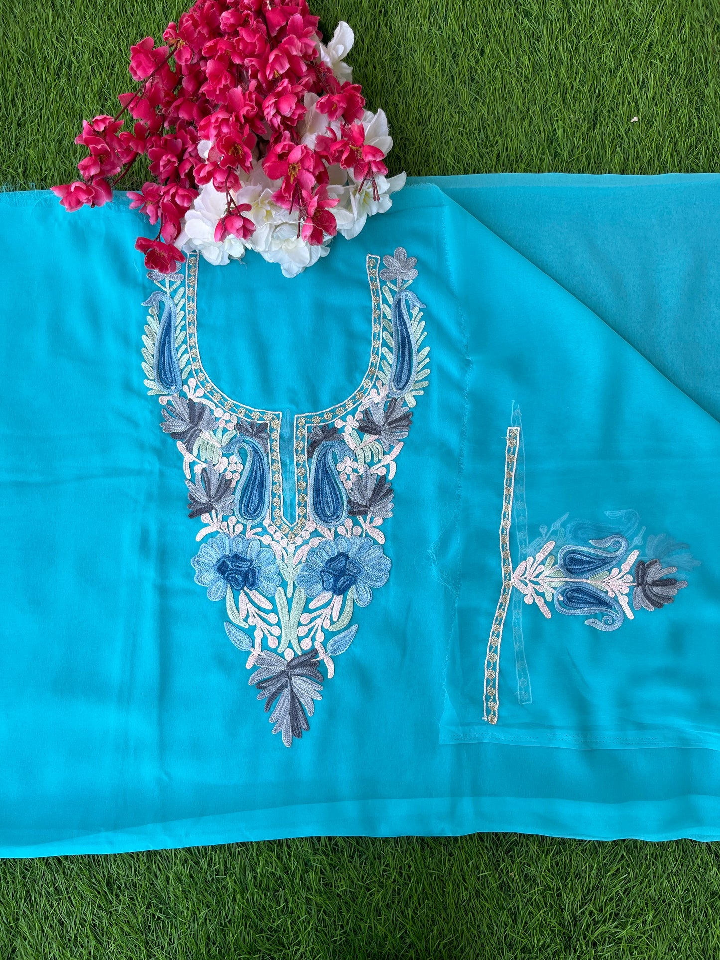 Sky Blue Georgette Aari Embroidered Unstitched Kurta Material