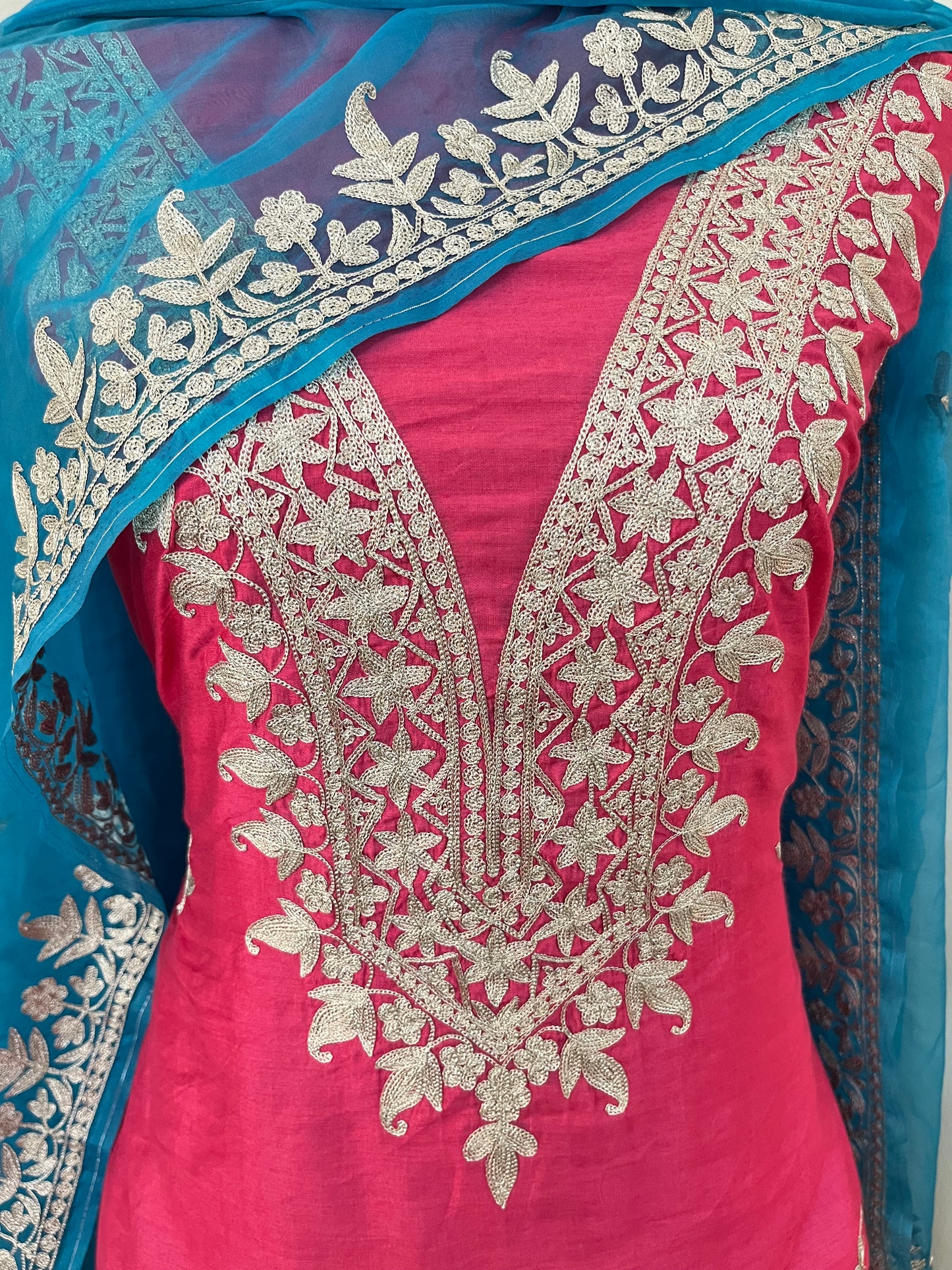 Fuchsia Pink Chanderi Silk Kashmiri Suit