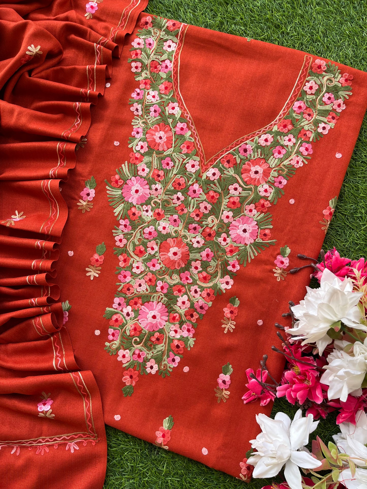 Rust Orange Woollen Aari Embroidered 3pc suit