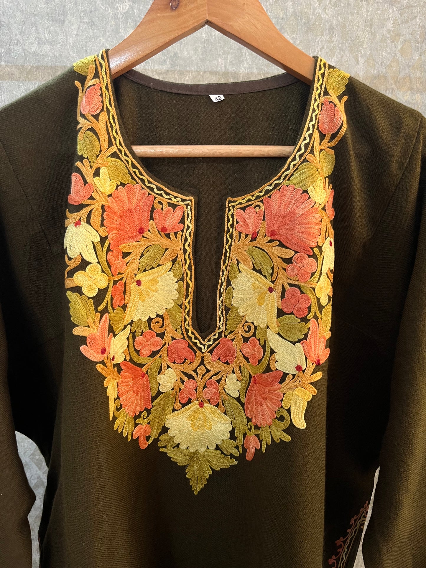 Army Green Aari Embroidered Wool Pheran