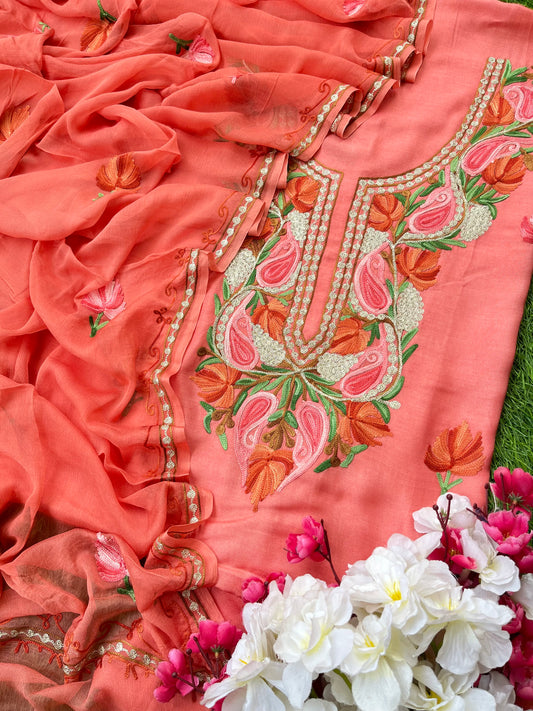 Peach Muslin Cotton Aari Embroidered 3pc set