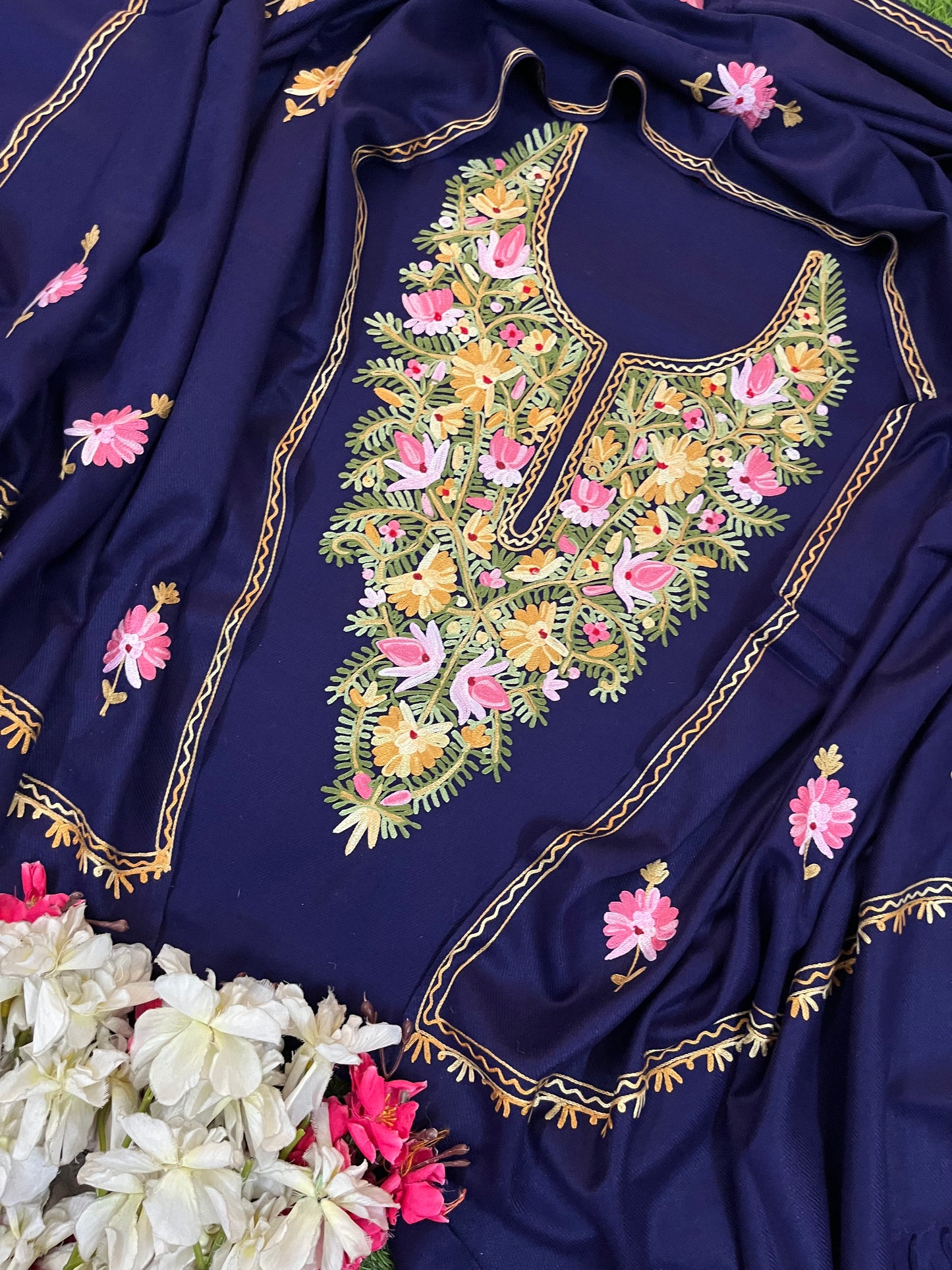 Navy Blue Woollen Aari Embroidered 3pc suit