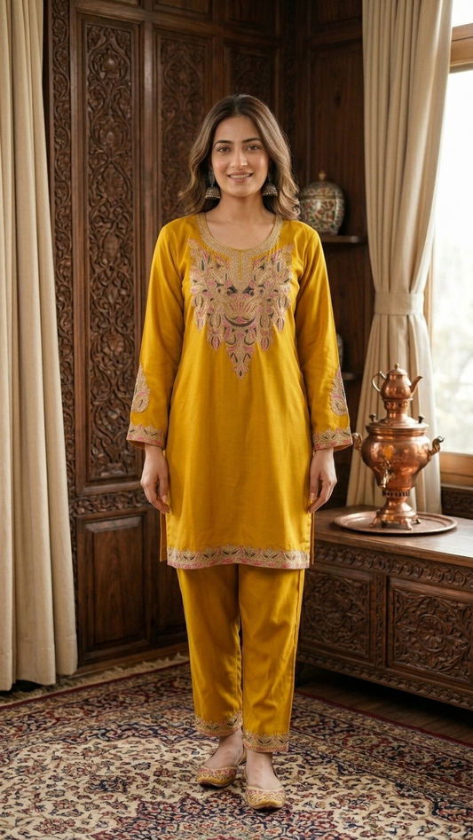 Golden Yellow Cotton Stitched Co-ord Set( 42)