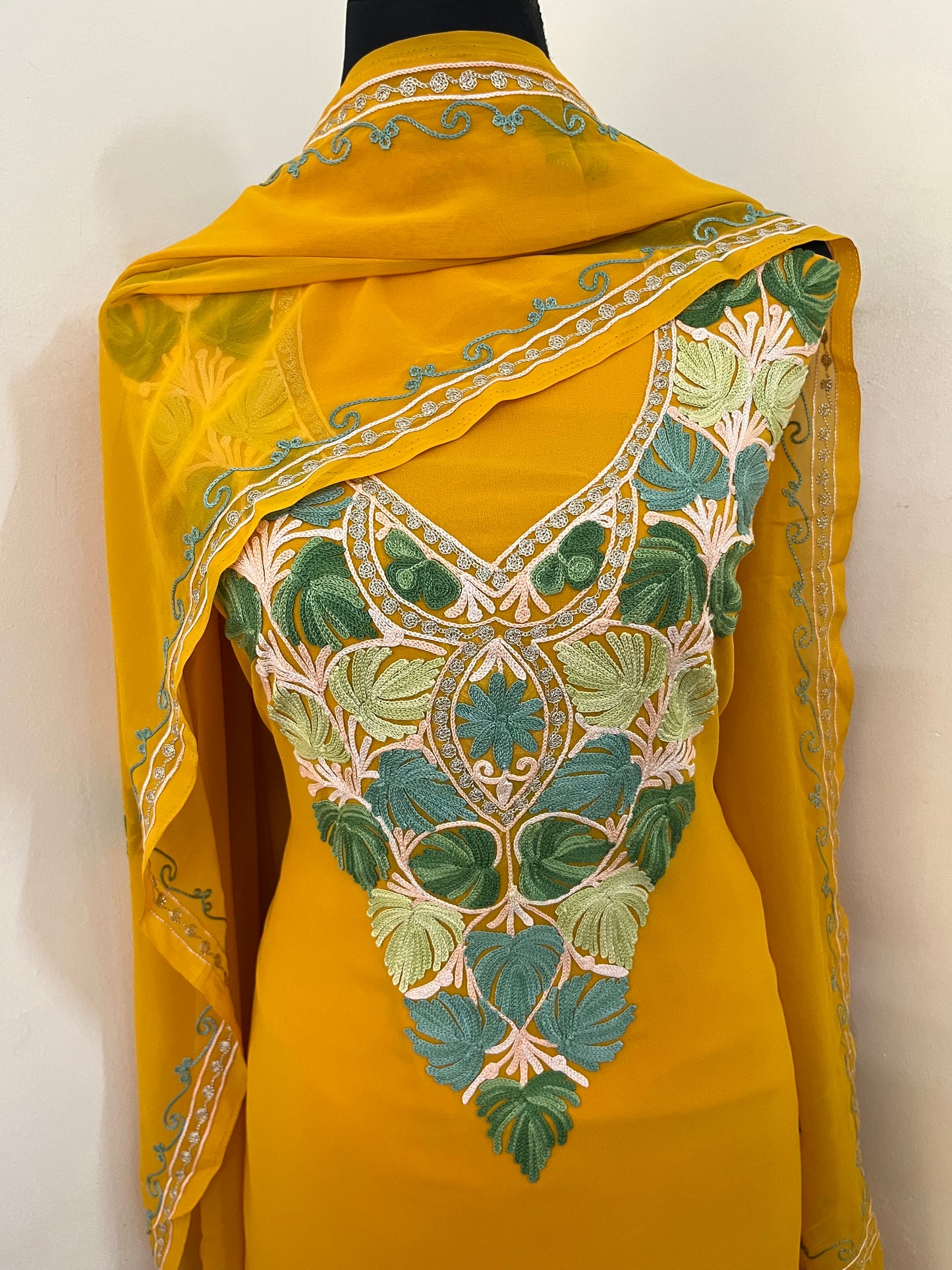Mustard Georgette 3 Pc Aari Embroidered Suit Set