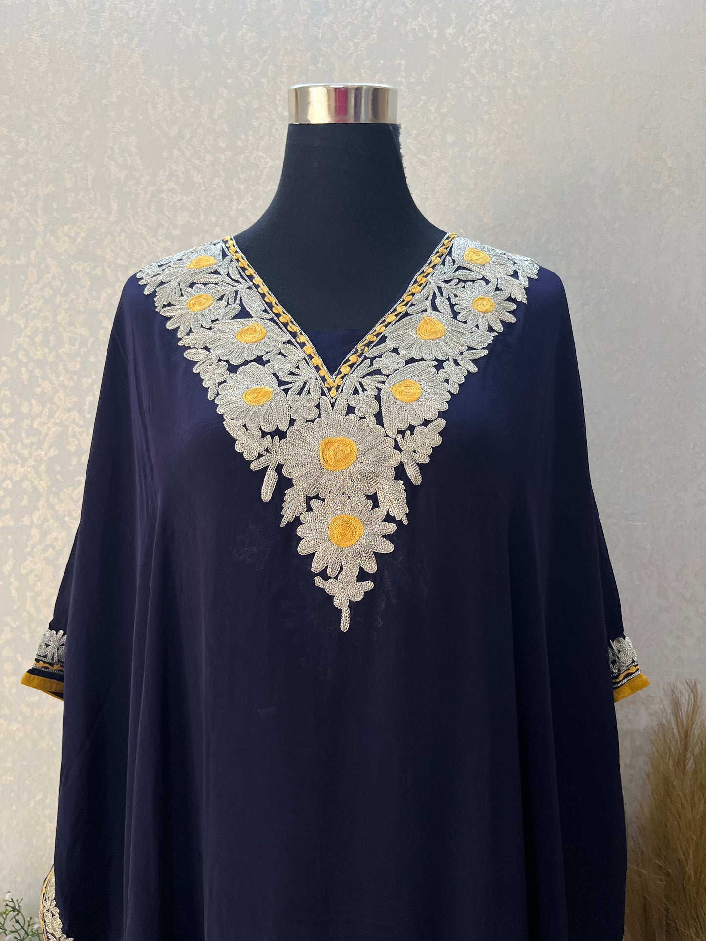 Navy Blue Crape Kashmiri Kaftan Set