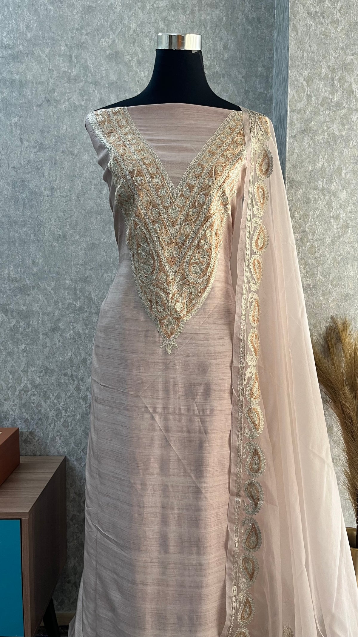 Beige Silk Kashmiri Suit