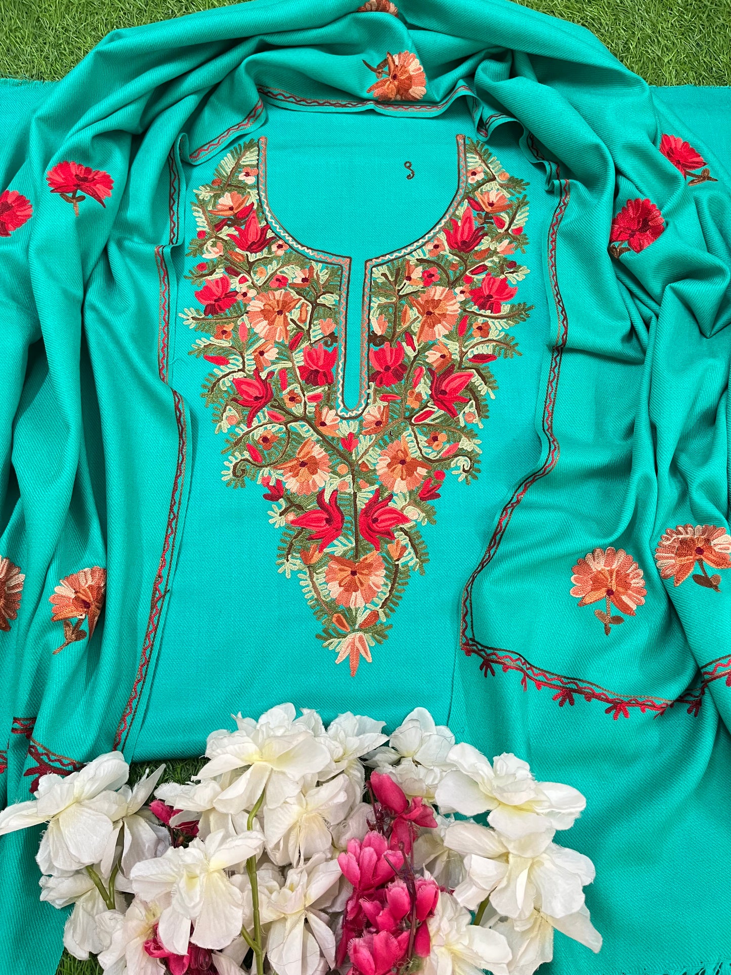 Sea Green Woollen Aari Embroidered 3pc suit