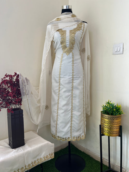 Sanam’ Ivory White Silk Tilla Embroidered Suit material