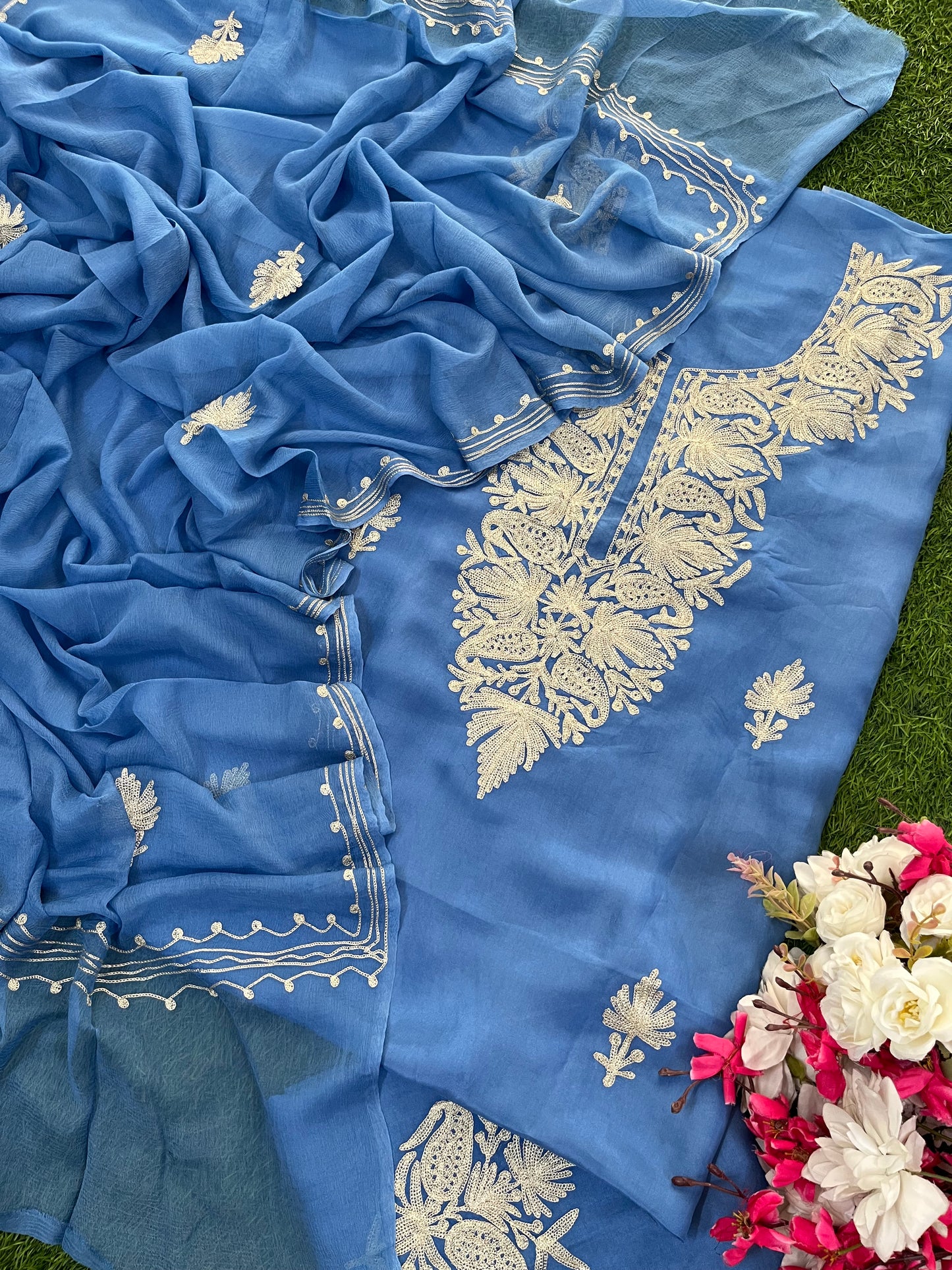 Blue Silk Tilla Kashmiri Suit