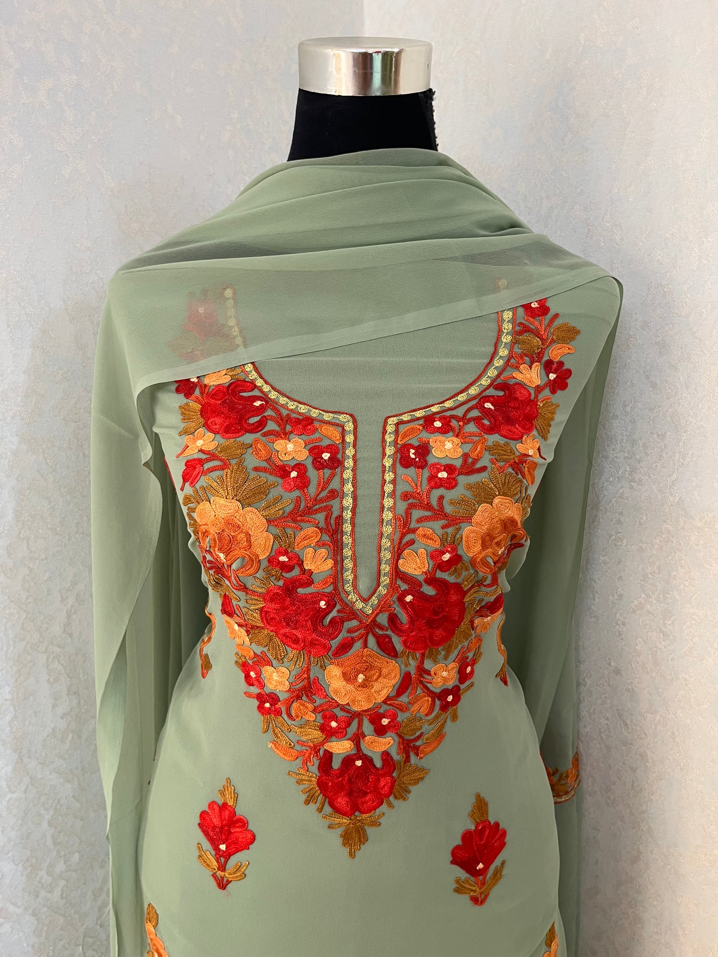 Jade Green Georgette 3Pc Kashmiri Suit