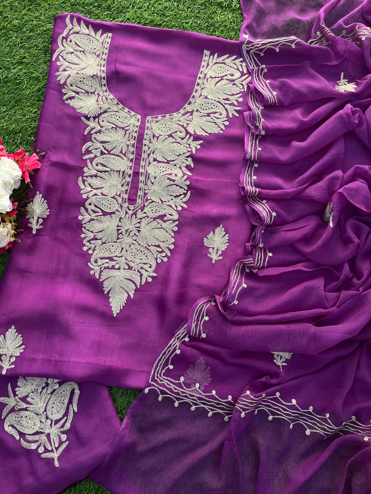Purple Silk Tilla Kashmiri Suit