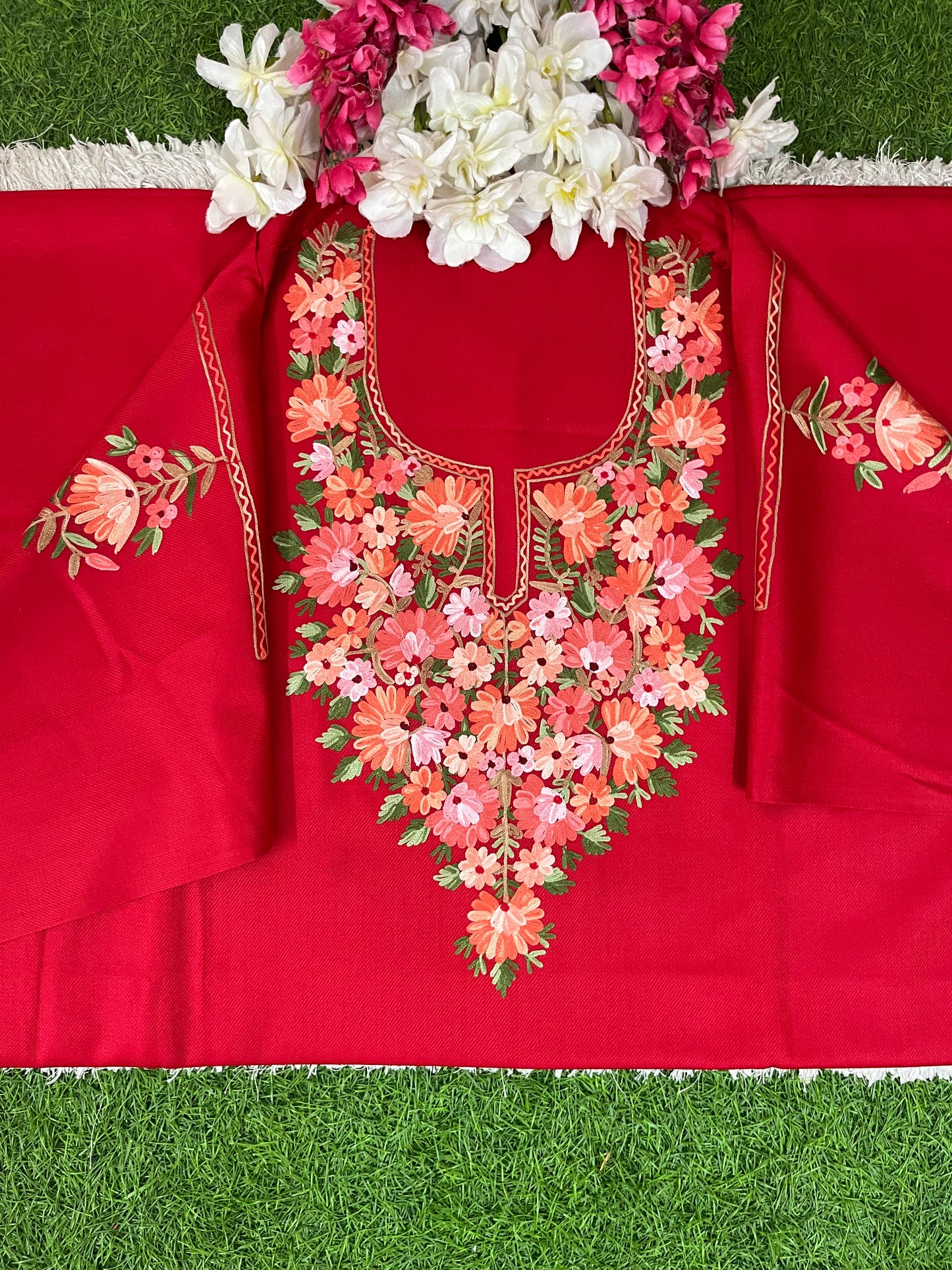 Red Woollen Aari Embroidered 2pc suit 5mtr