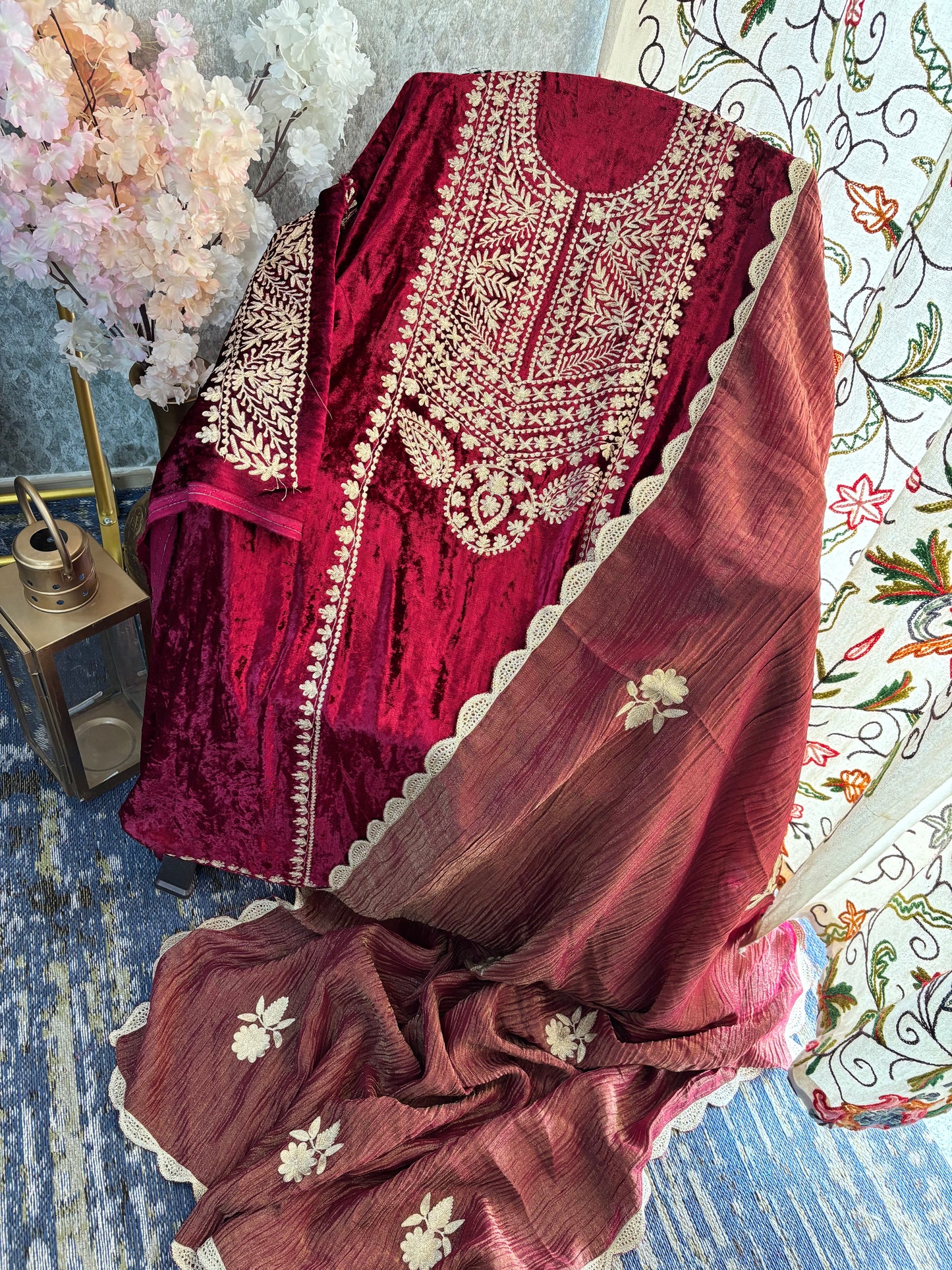Maroon Tilla Pure Makhmal 3pc Suit