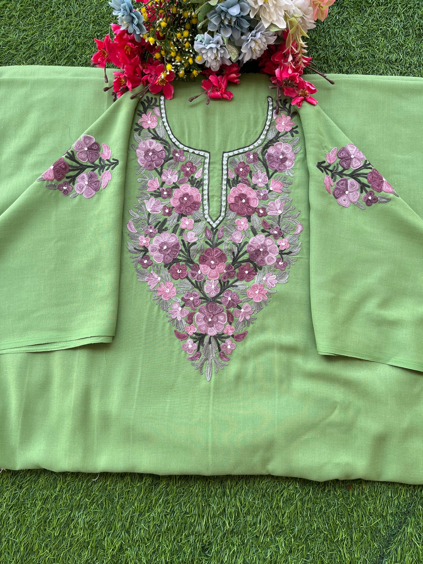 Pastel Green Aari Embroidered Cotton Suit Set
