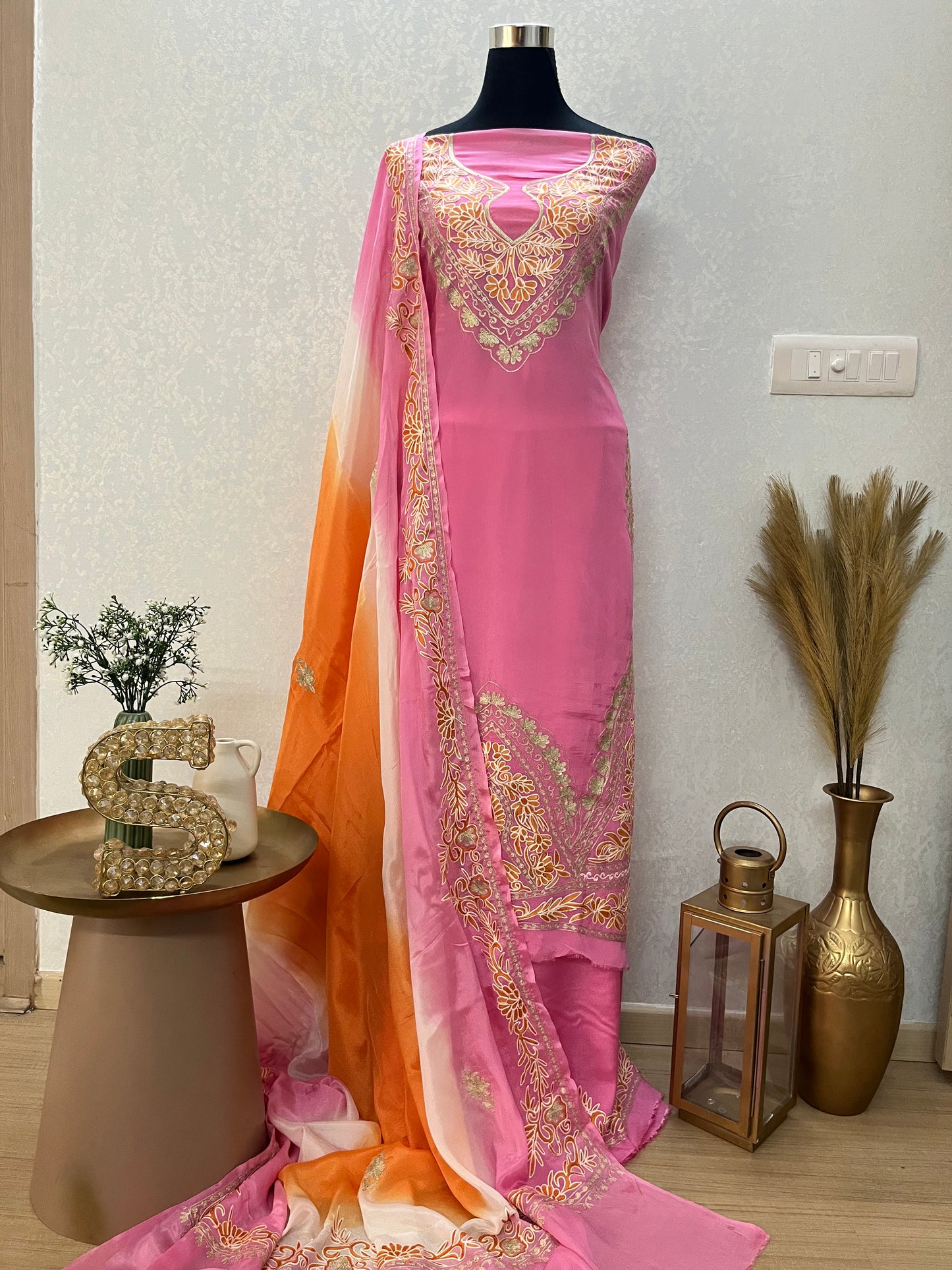 Pink Pure Chinon 3 Pc Heavy Front Back Kashmiri Suit