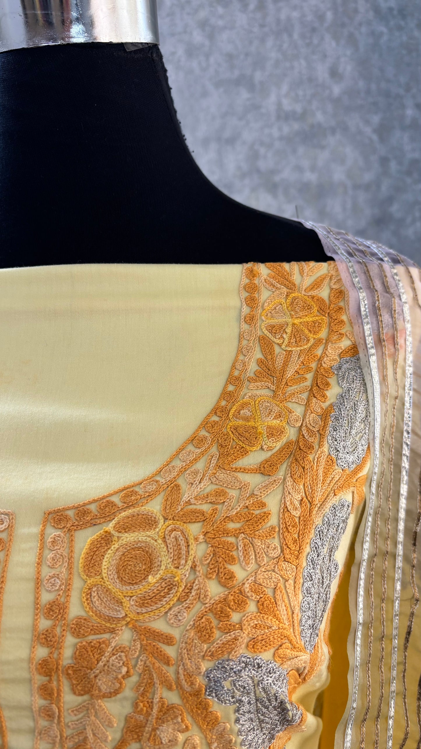 Lemon Yellow Satin Cotton Kashmiri Suit