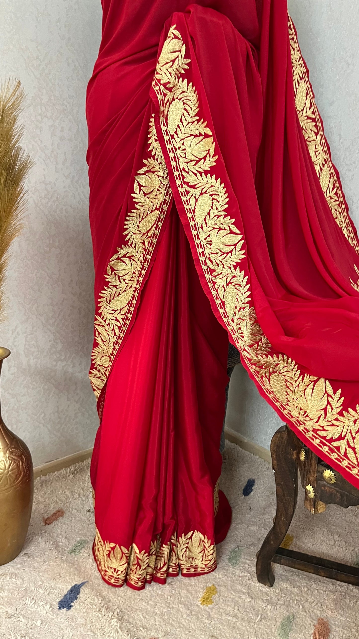 Red Crape Kashmiri Tilla Saree