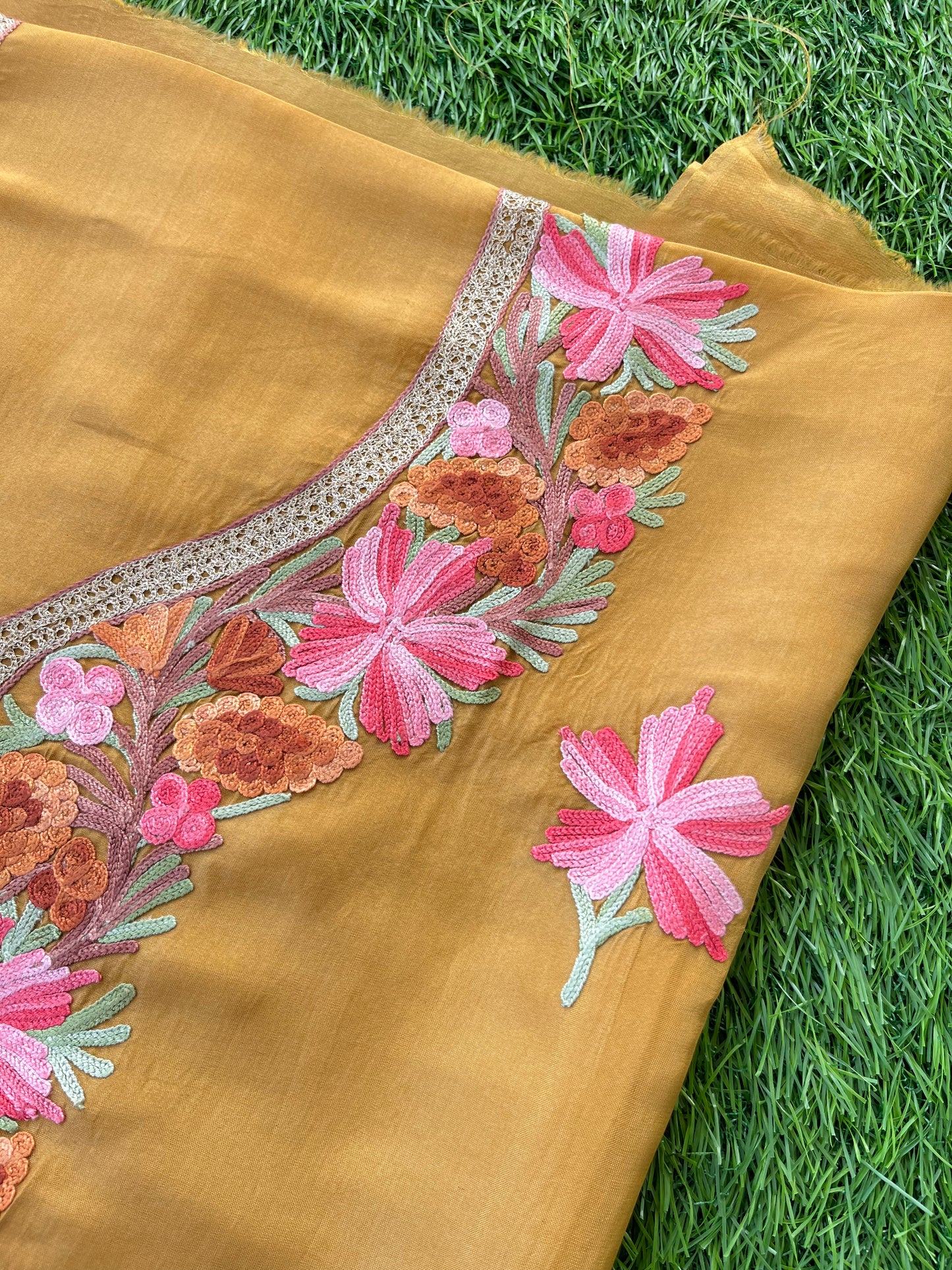 Mustard Opada Silk Aari Embroidered Suit material