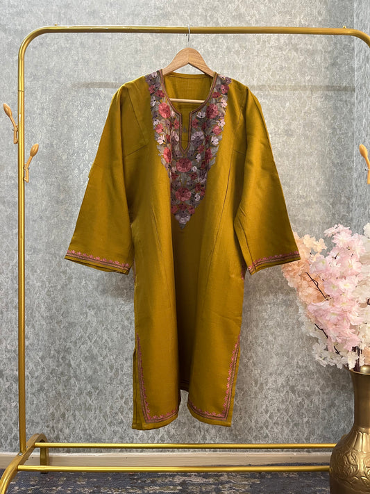 Golden Yellow Aari Embroidered Wool Pheran