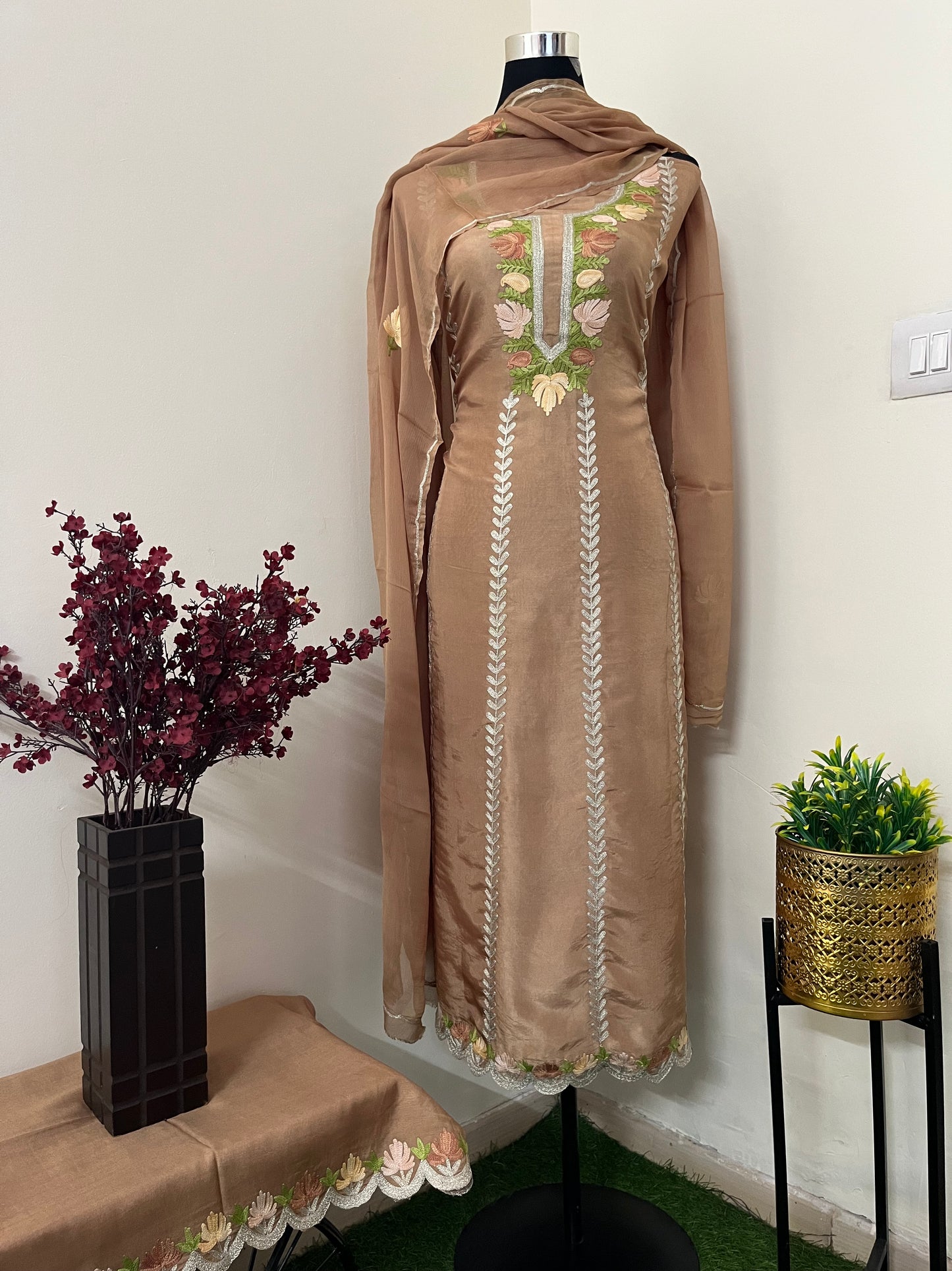 Sanam’ Coffee Brown Silk Aari Embroidered Suit material