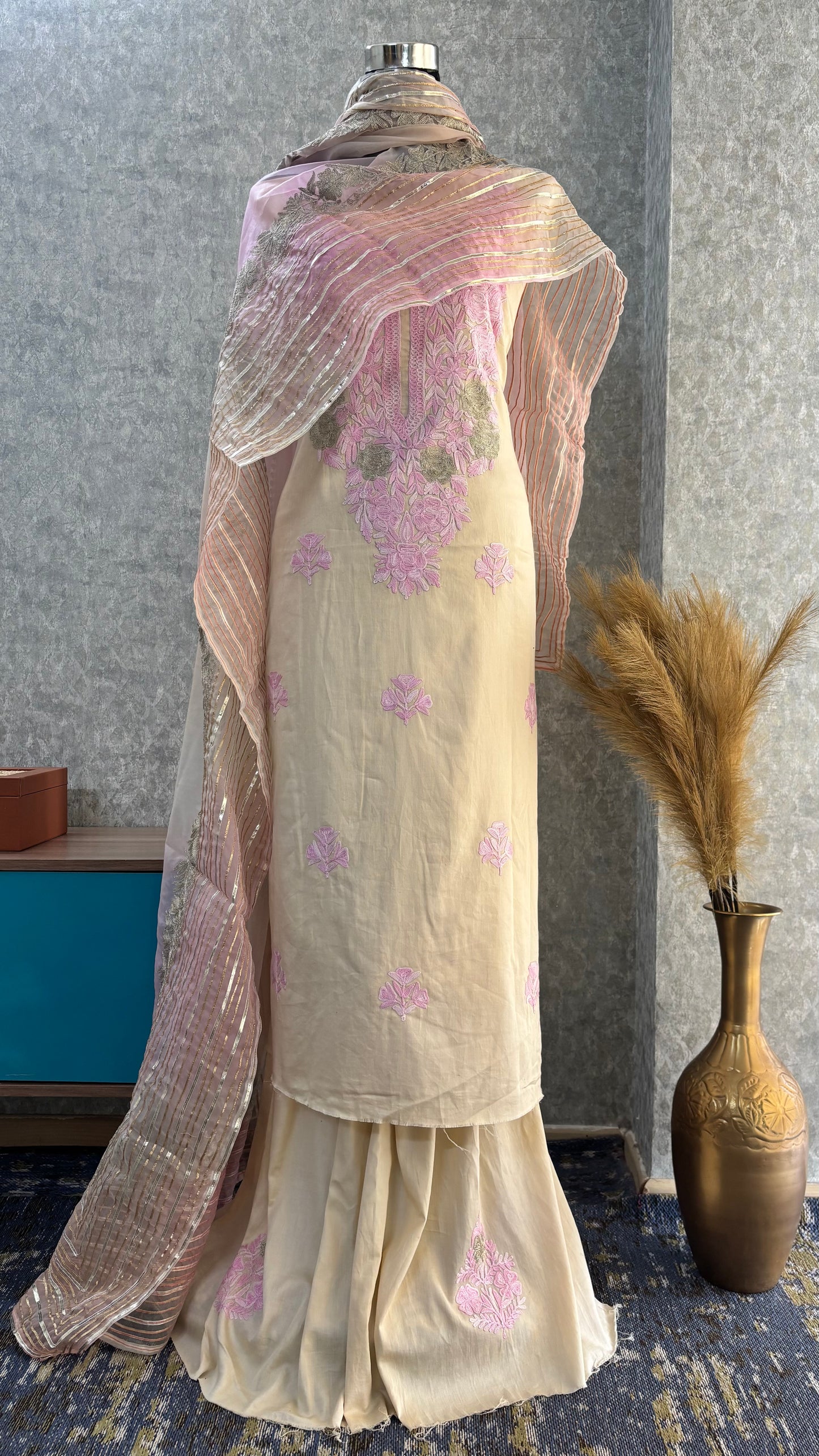 Ivory Satin Cotton Kashmiri Suit