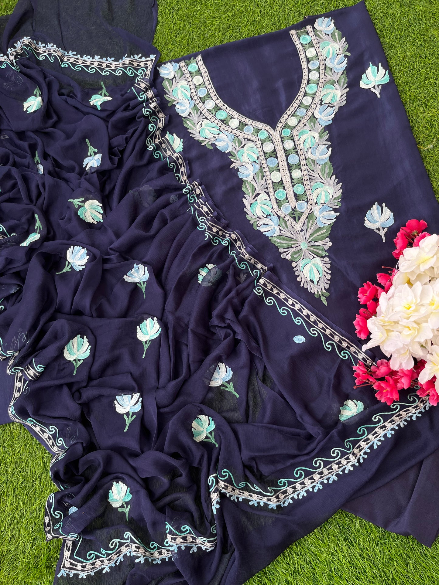 Blue Opada Silk Aari Embroidered Suit material