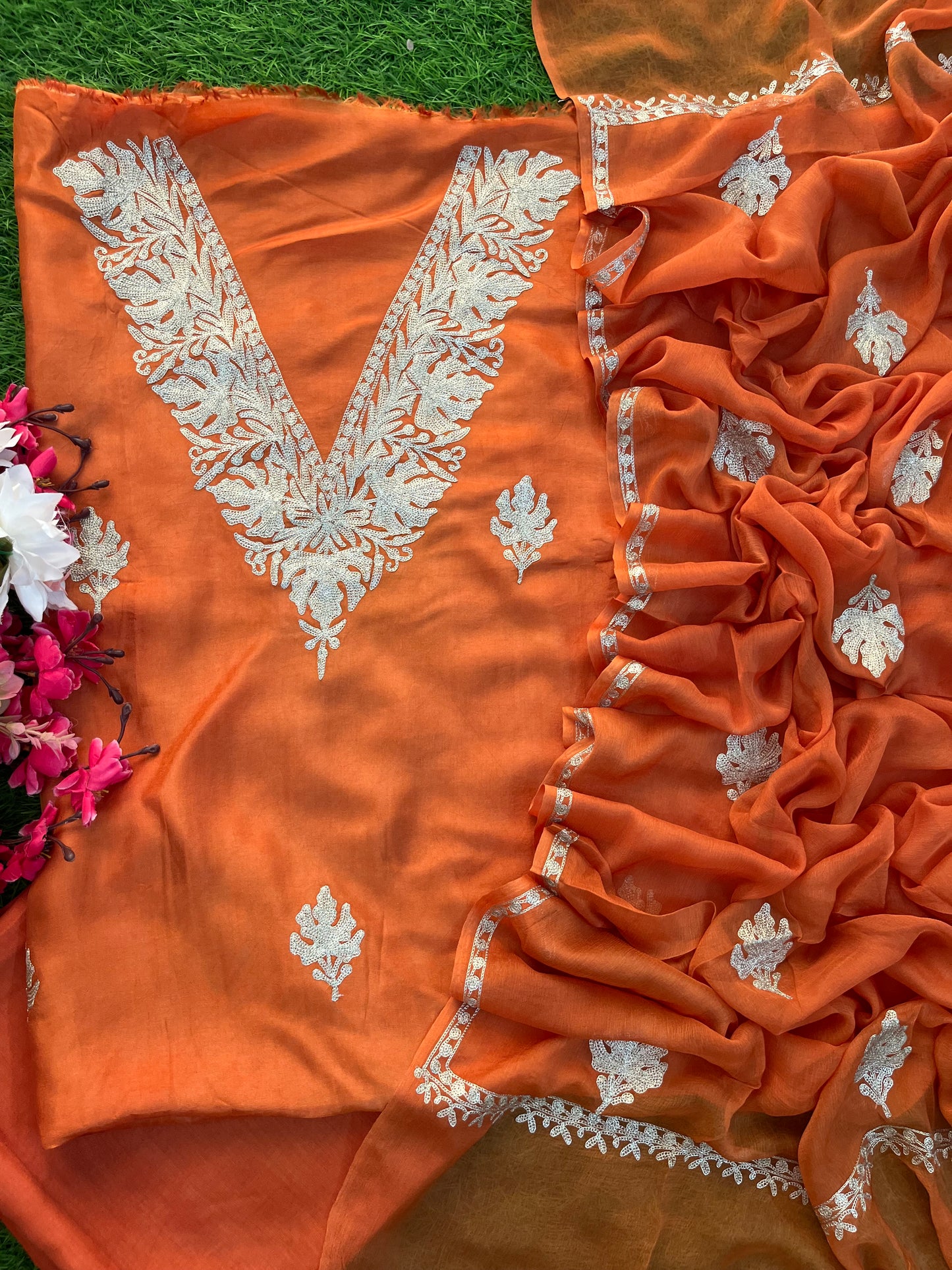 Soft Orange Sanam’ Silk Tilla Kashmiri Suit