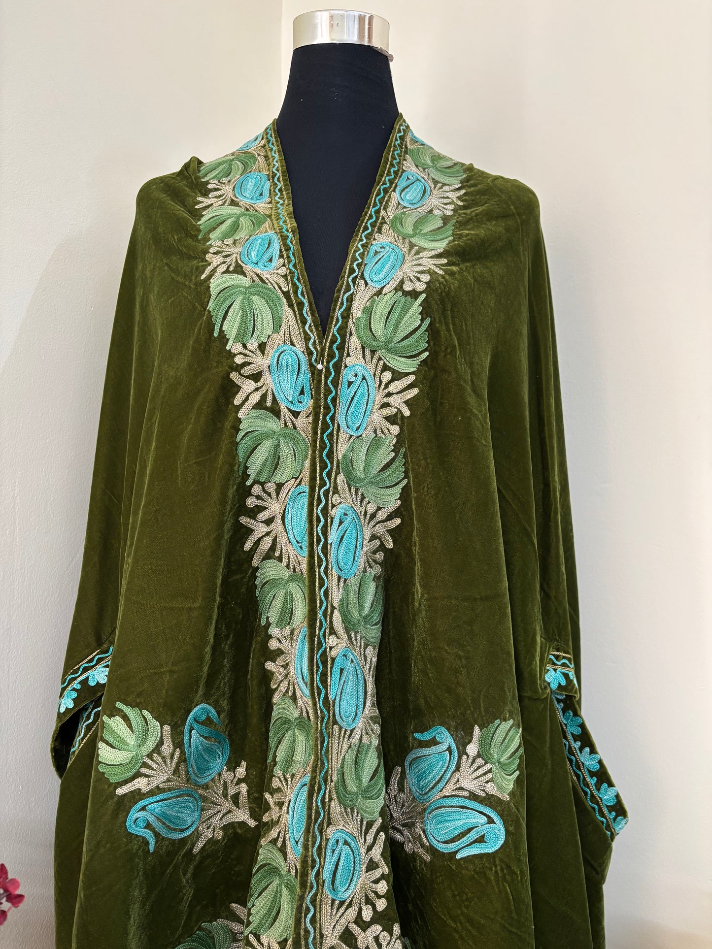 Henna Green Aari Embroidered Velvet Cape