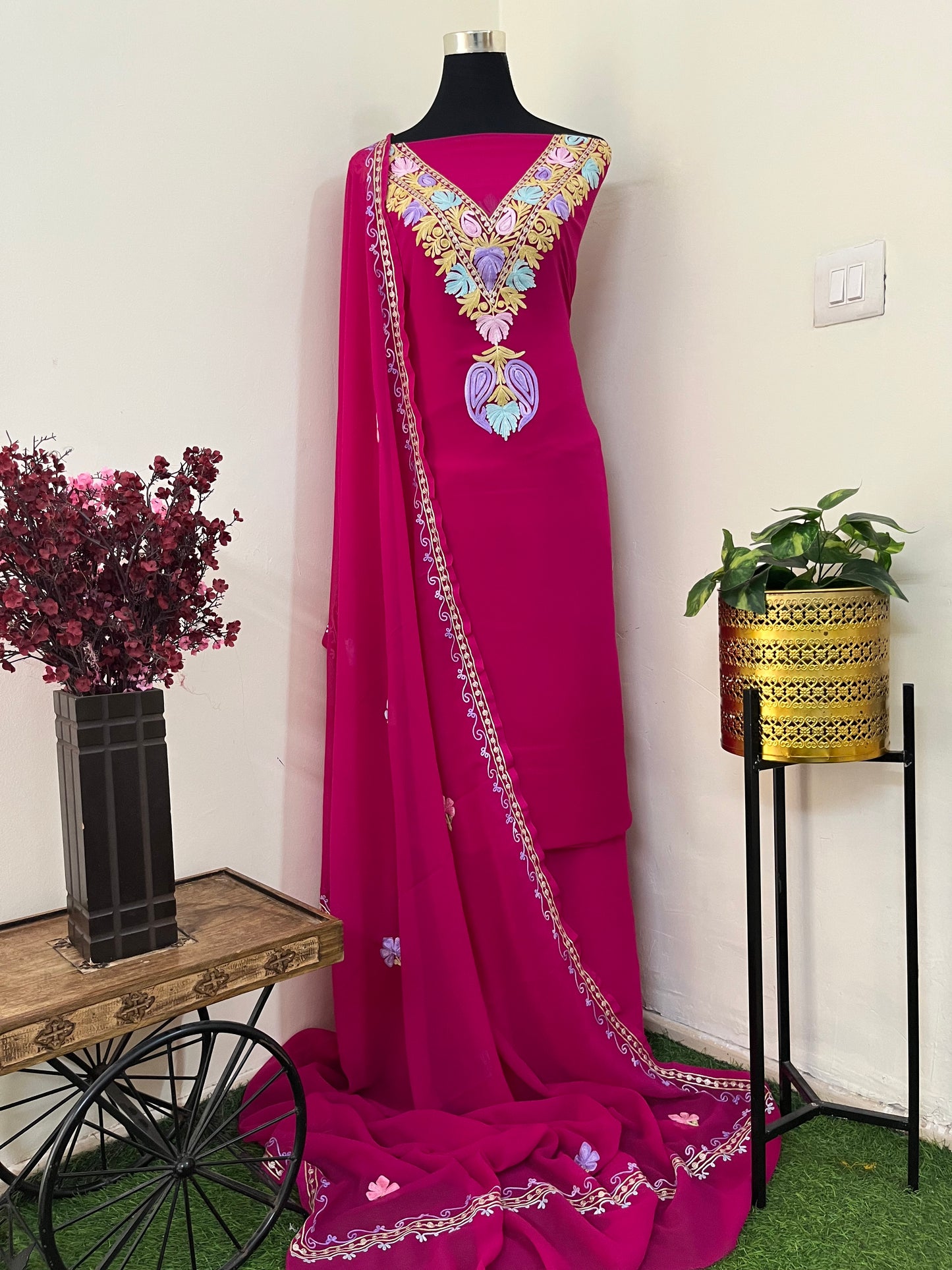 Hot Pink Georgette 3 Pc Aari Embroidered Suit Set
