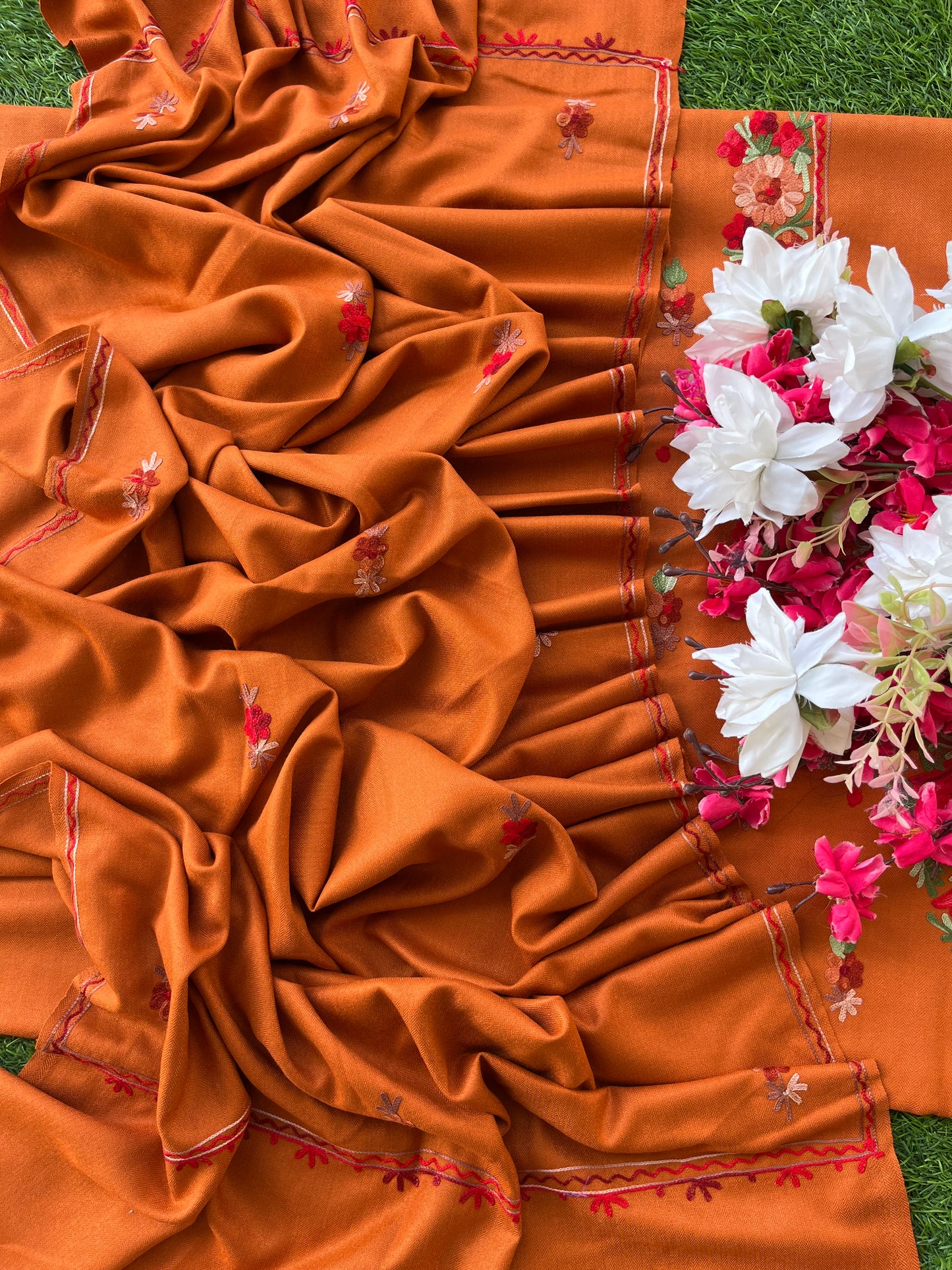Orange Woollen Aari Embroidered 3pc suit