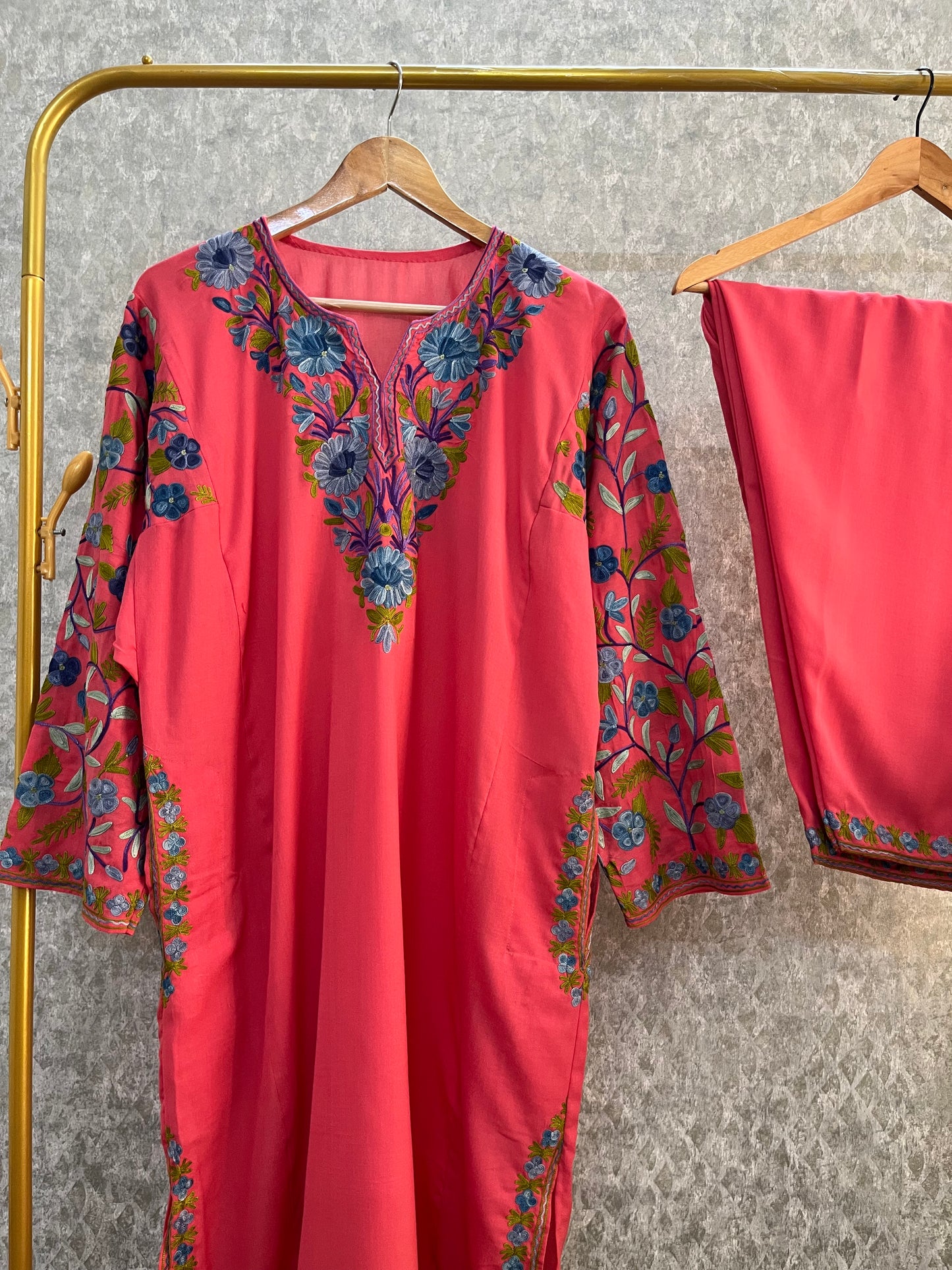 Carrot Pink Cotton Arm Jaal Pheran Set