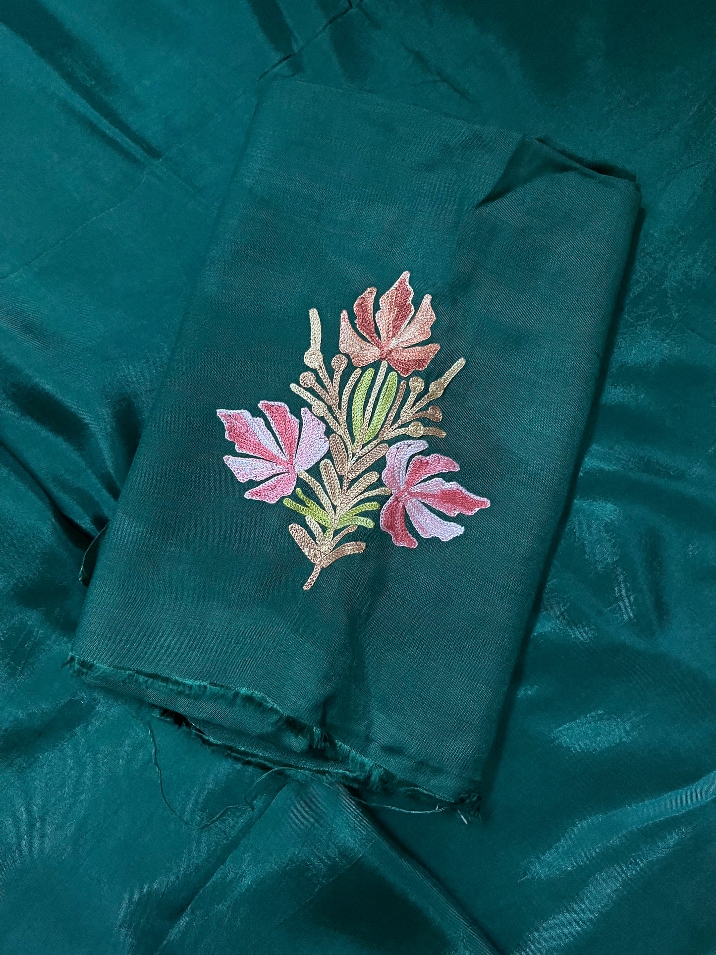 Bottle Green Opada Silk Aari Embroidered Suit material