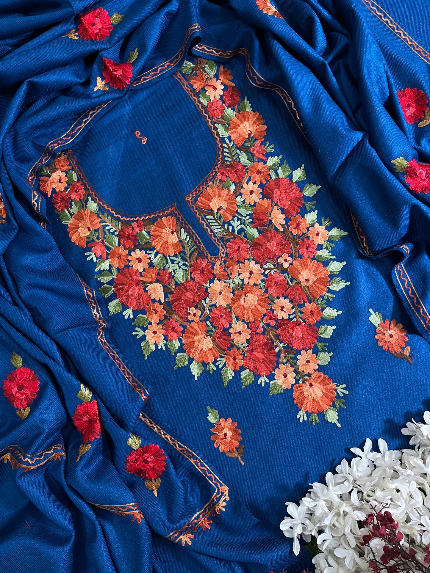 Peacock Blue Woollen Aari Embroidered 3pc suit