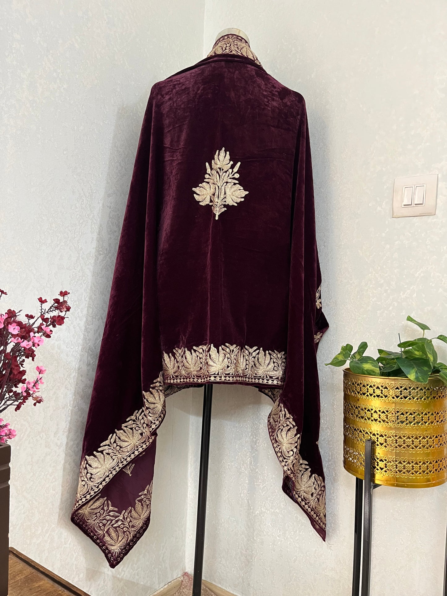 Wine Tilla Embroidered Velvet Cape